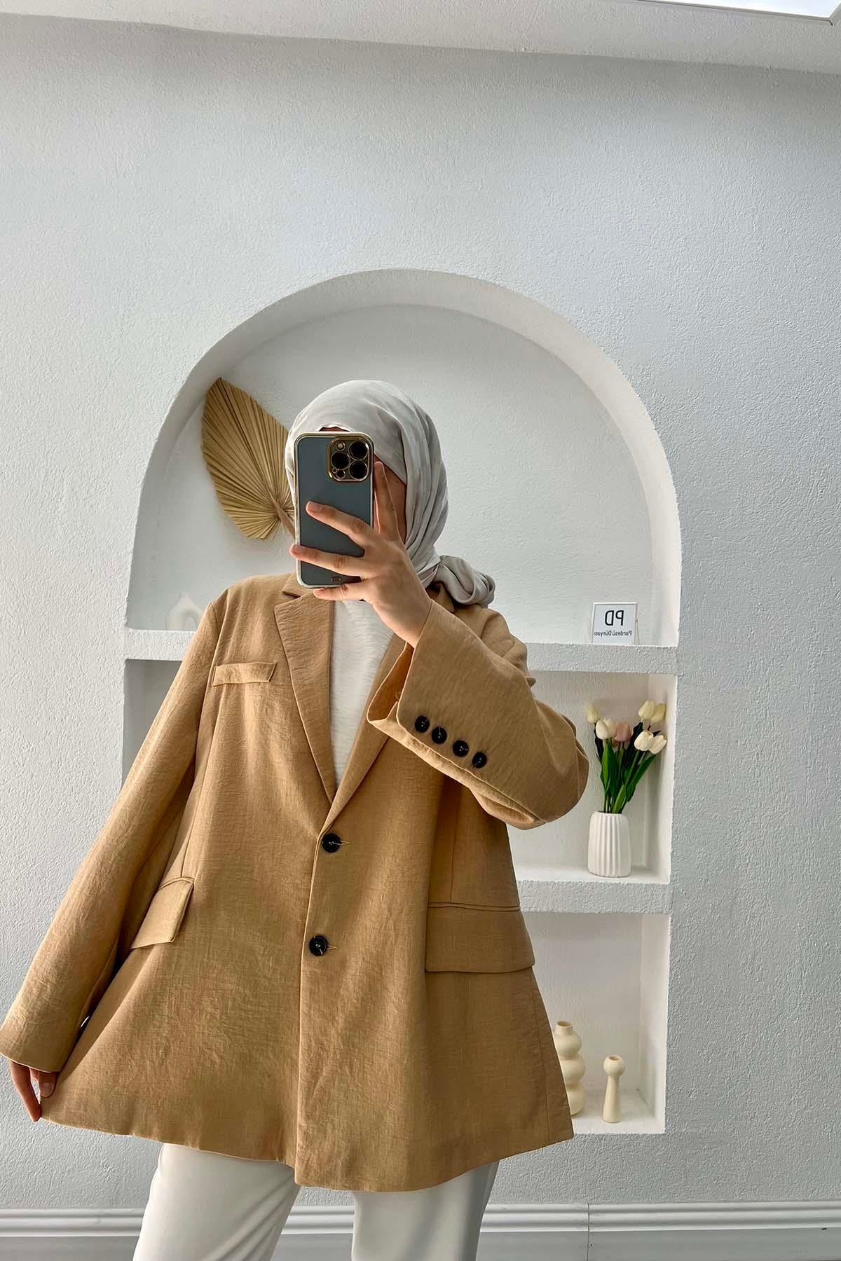 Keten Blazer Ceket Camel
