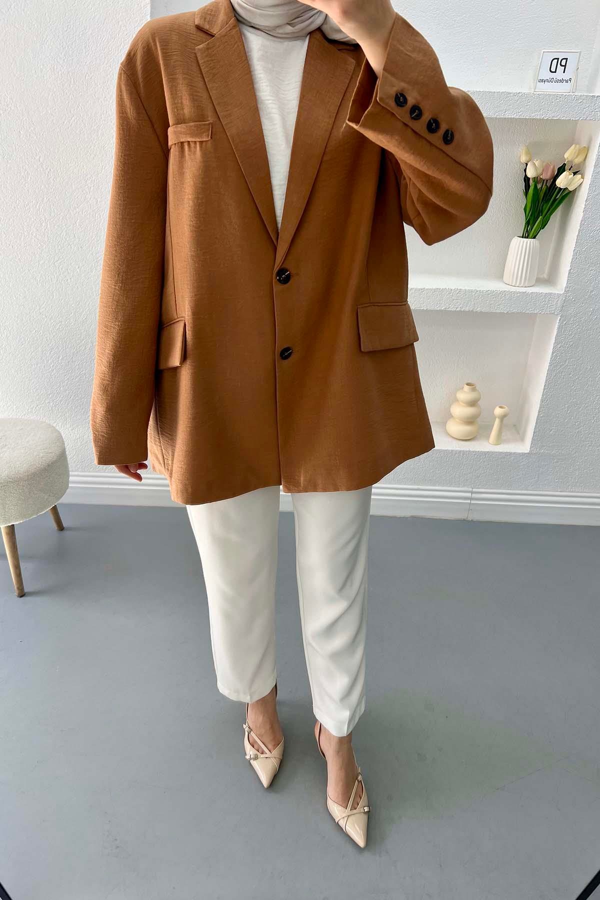Keten Blazer Ceket Kahve