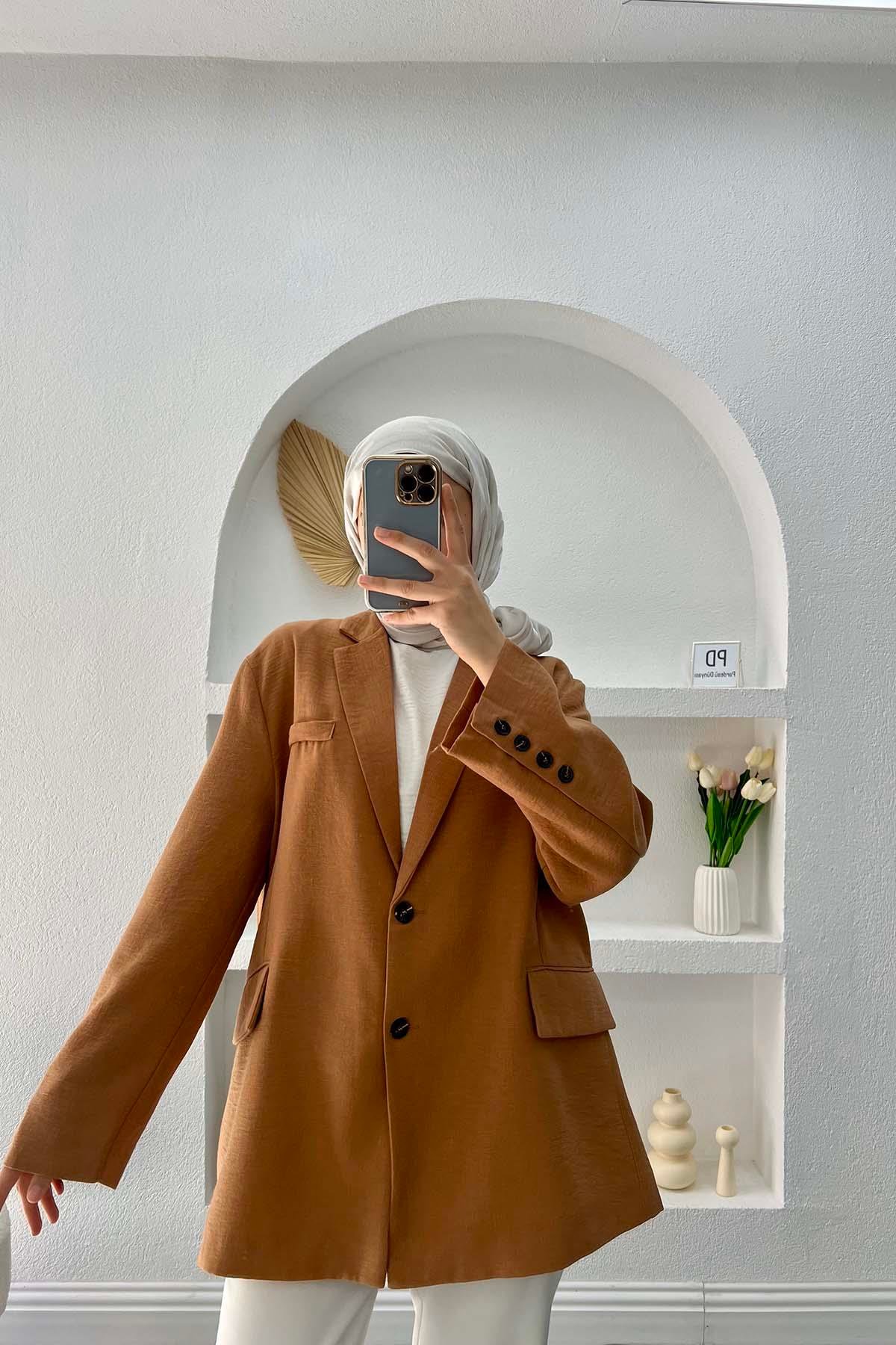Keten Blazer Ceket Kahve