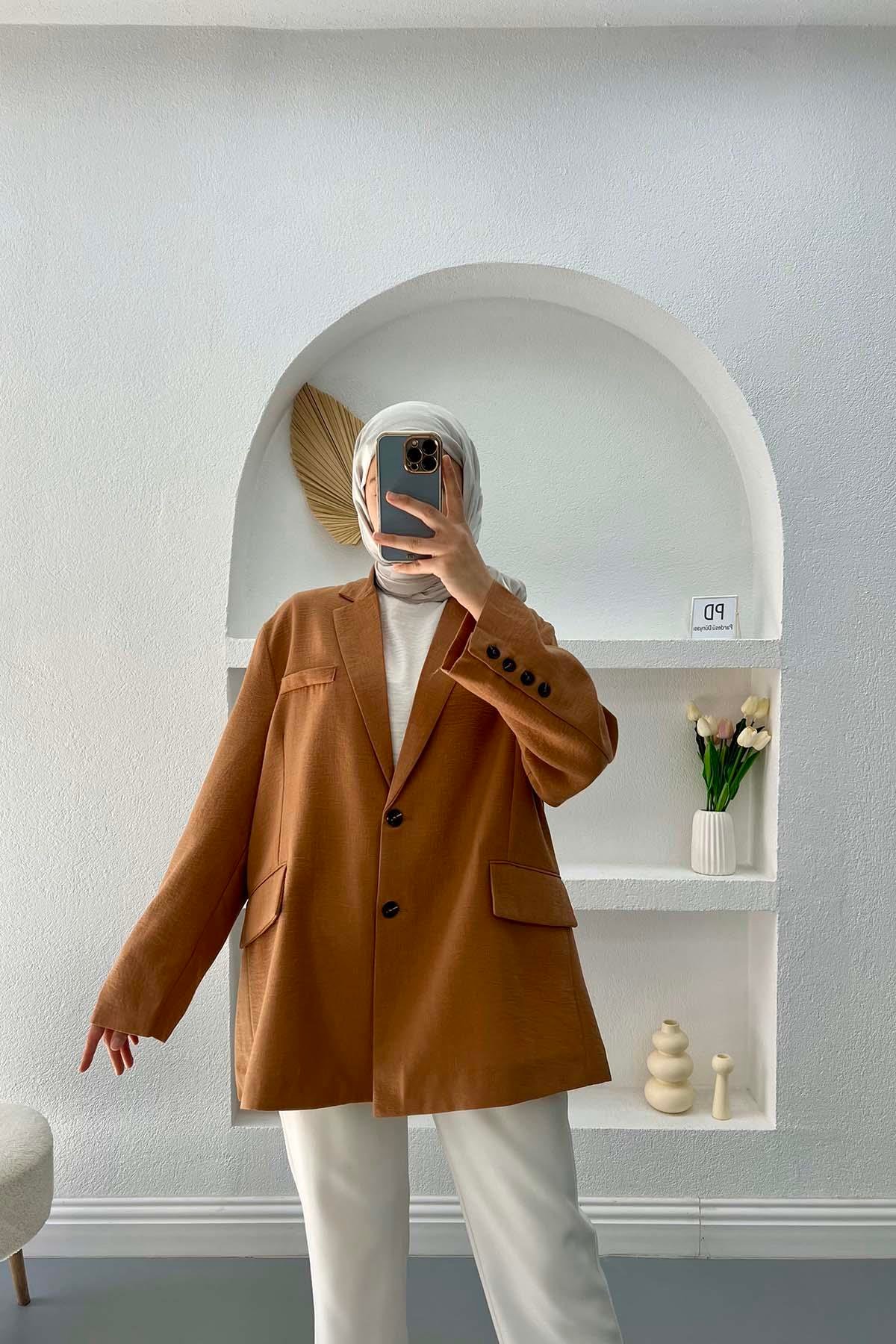 Keten Blazer Ceket Kahve