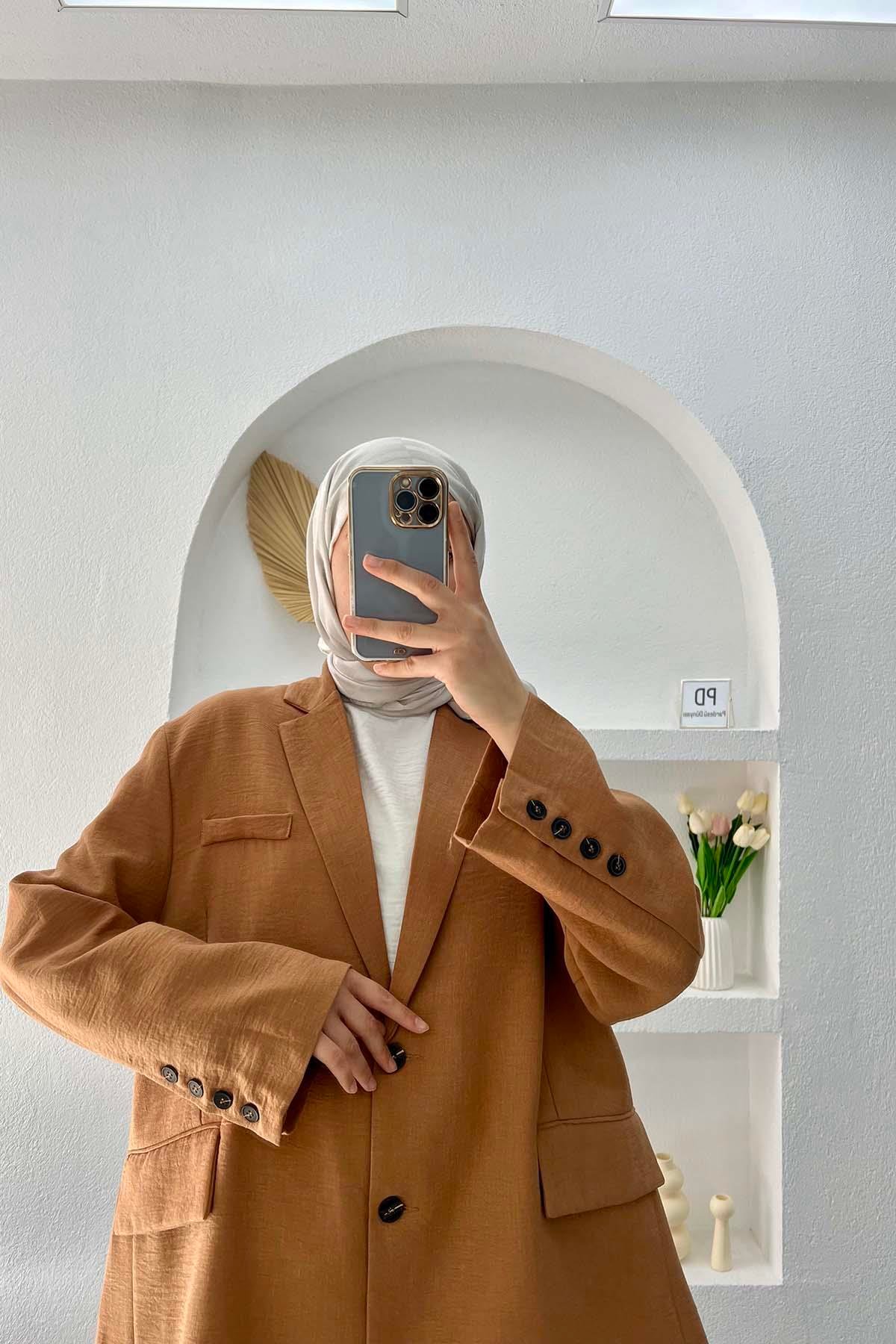 Keten Blazer Ceket Kahve