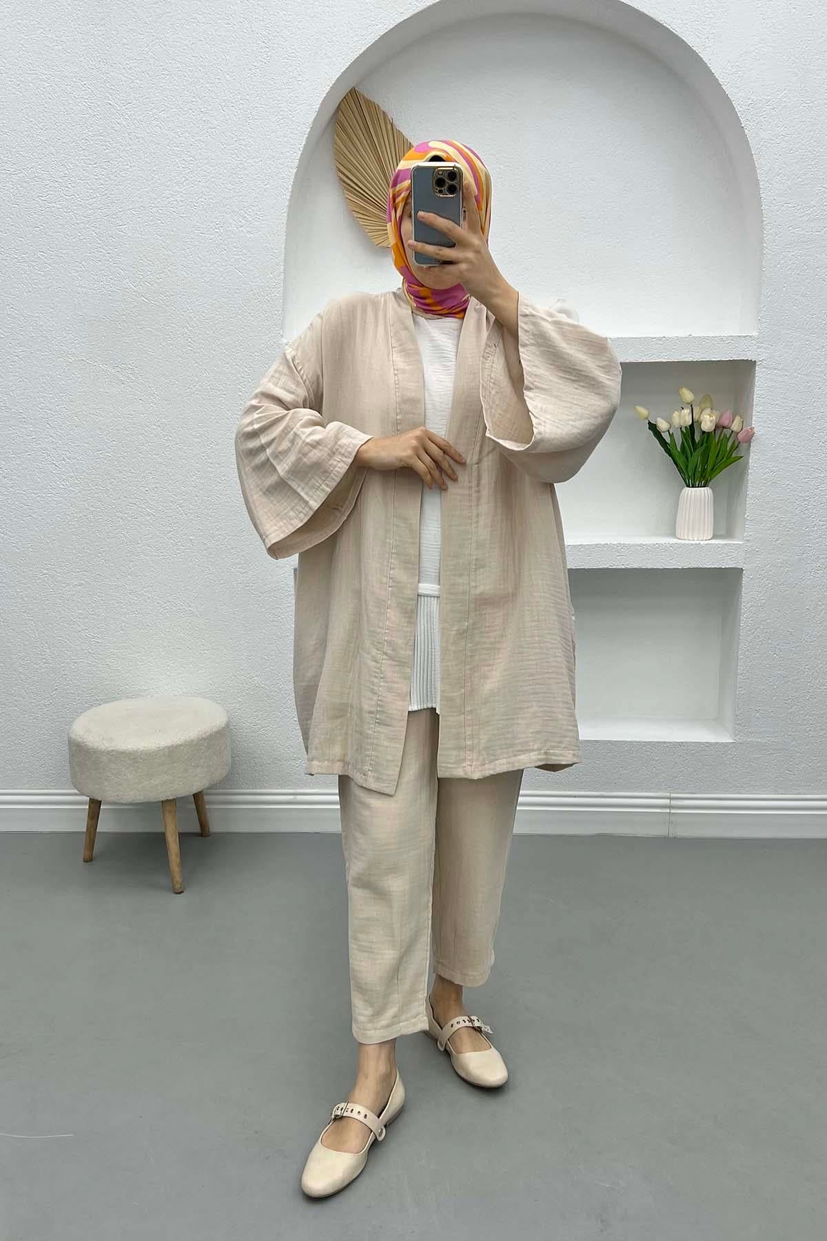 Keten Kimono Takım Bej