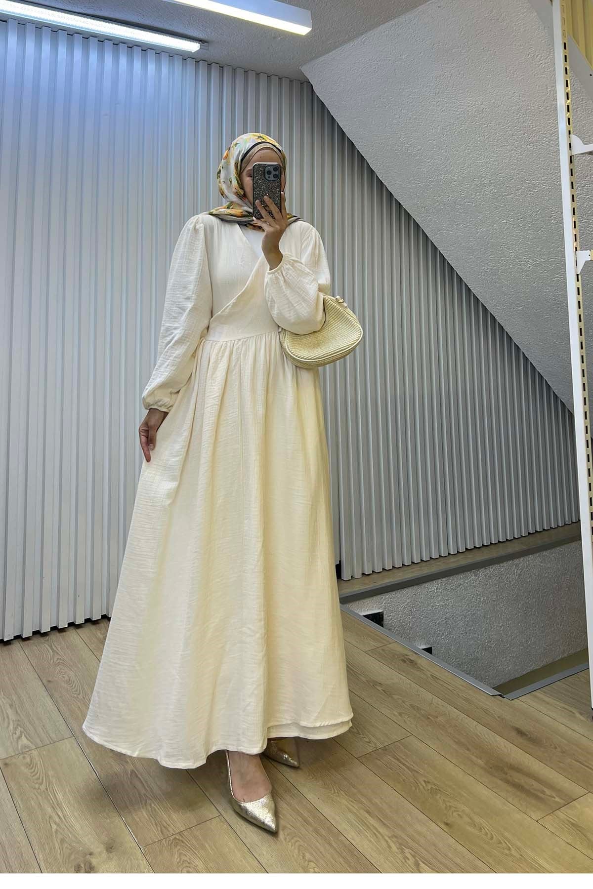 Kimono Kapama Müslin Elbise Ekru