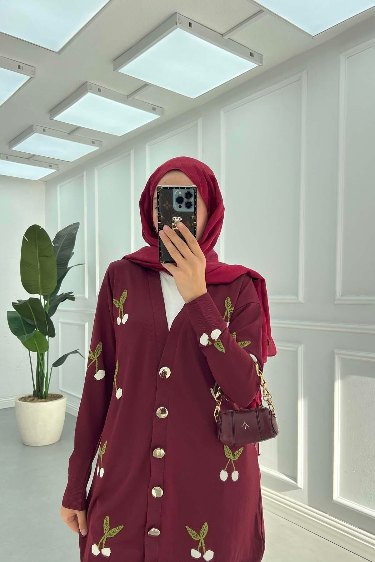 Kiraz Desenkli Merserize Hırka Bordo