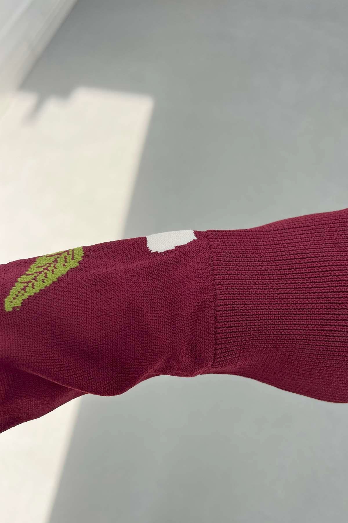 Kiraz Desenkli Merserize Hırka Bordo