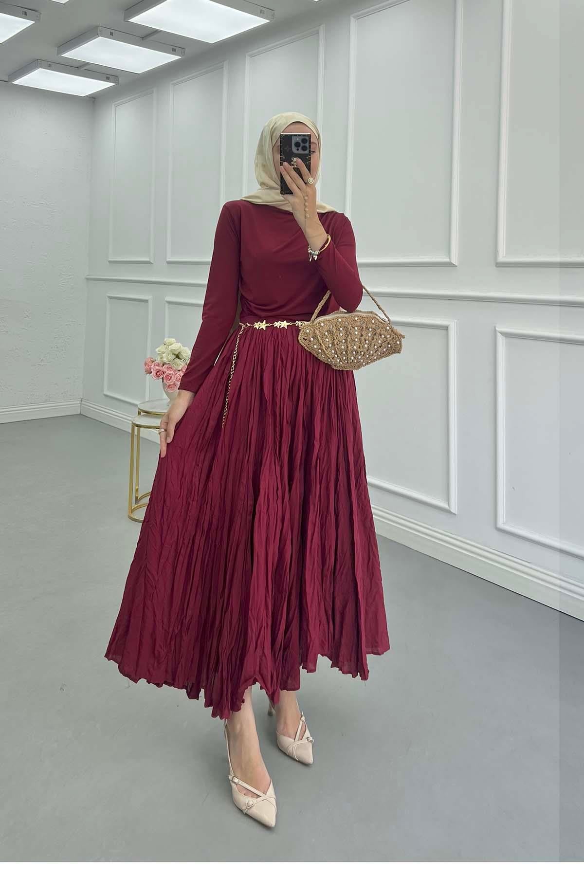 Kırışık Desen Astarlı Etek Bordo