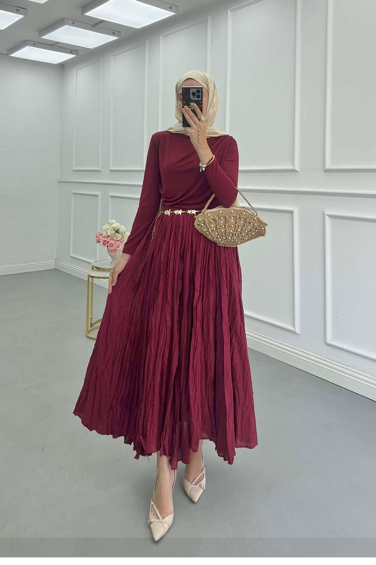 Kırışık Desen Astarlı Etek Bordo