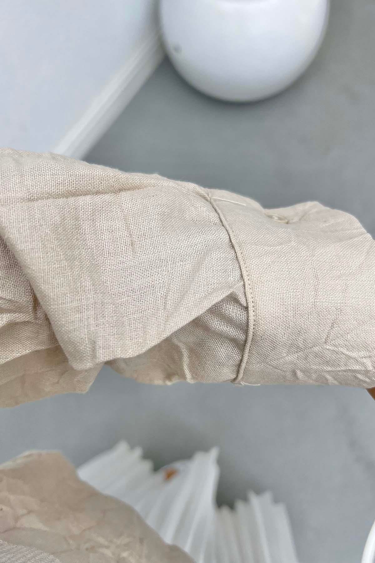 Kırışık Desen Crop Gömlek Bej
