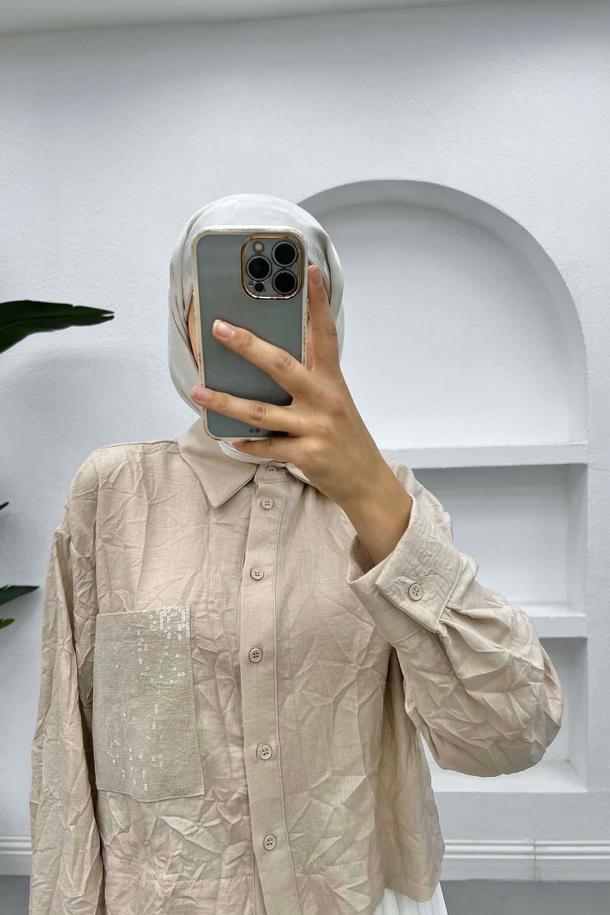 Kırışık Desen Crop Gömlek Bej