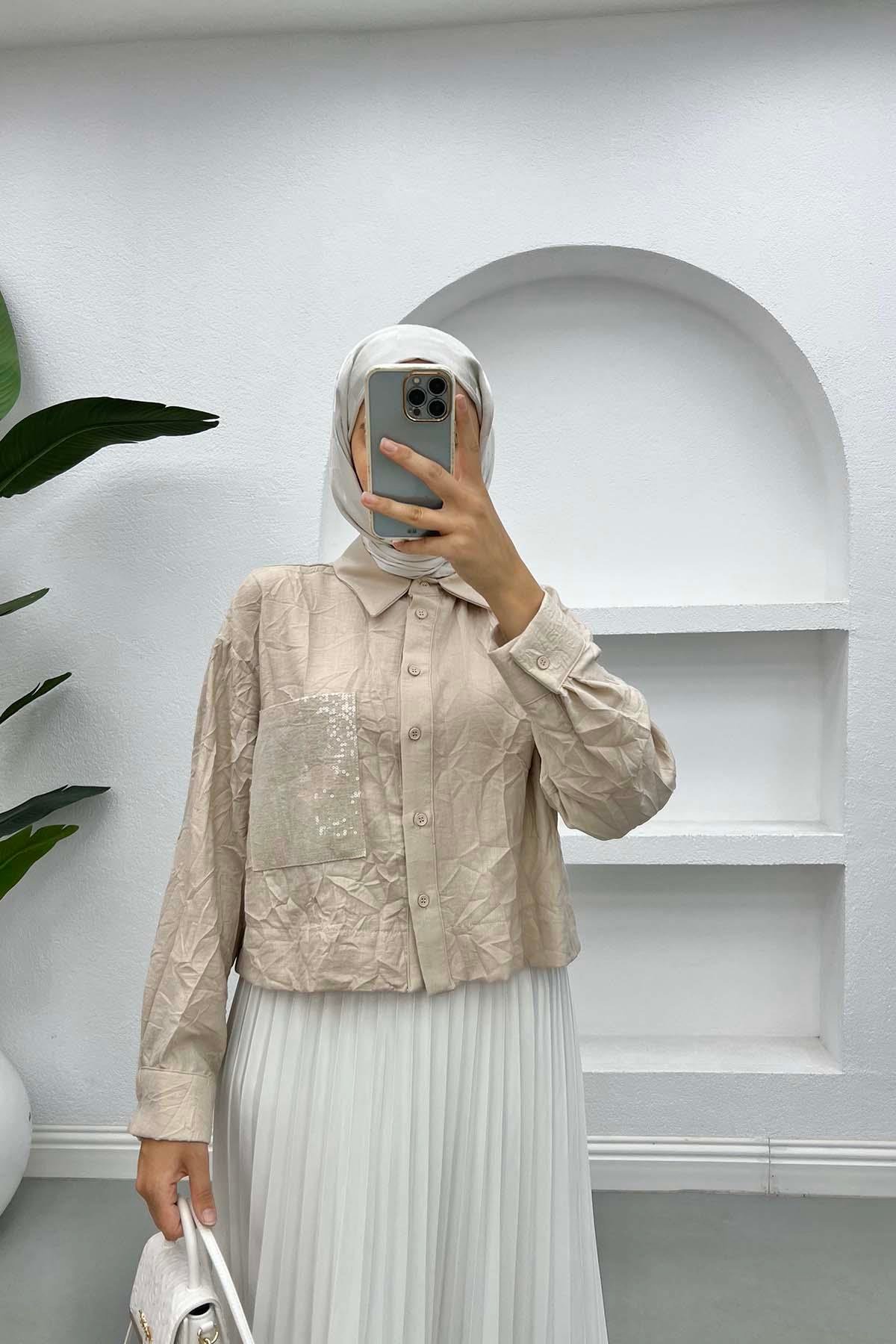 Kırışık Desen Crop Gömlek Bej