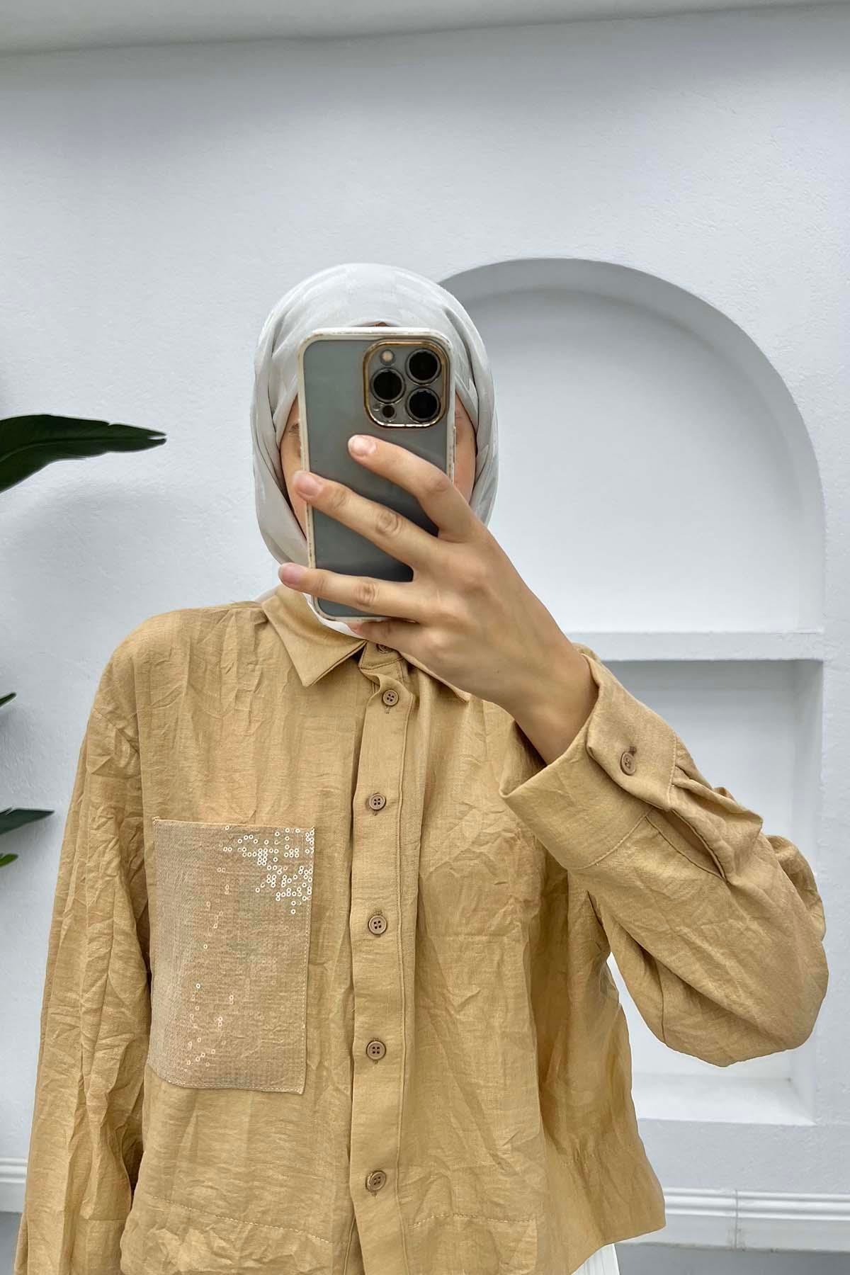 Kırışık Desen Crop Gömlek Camel