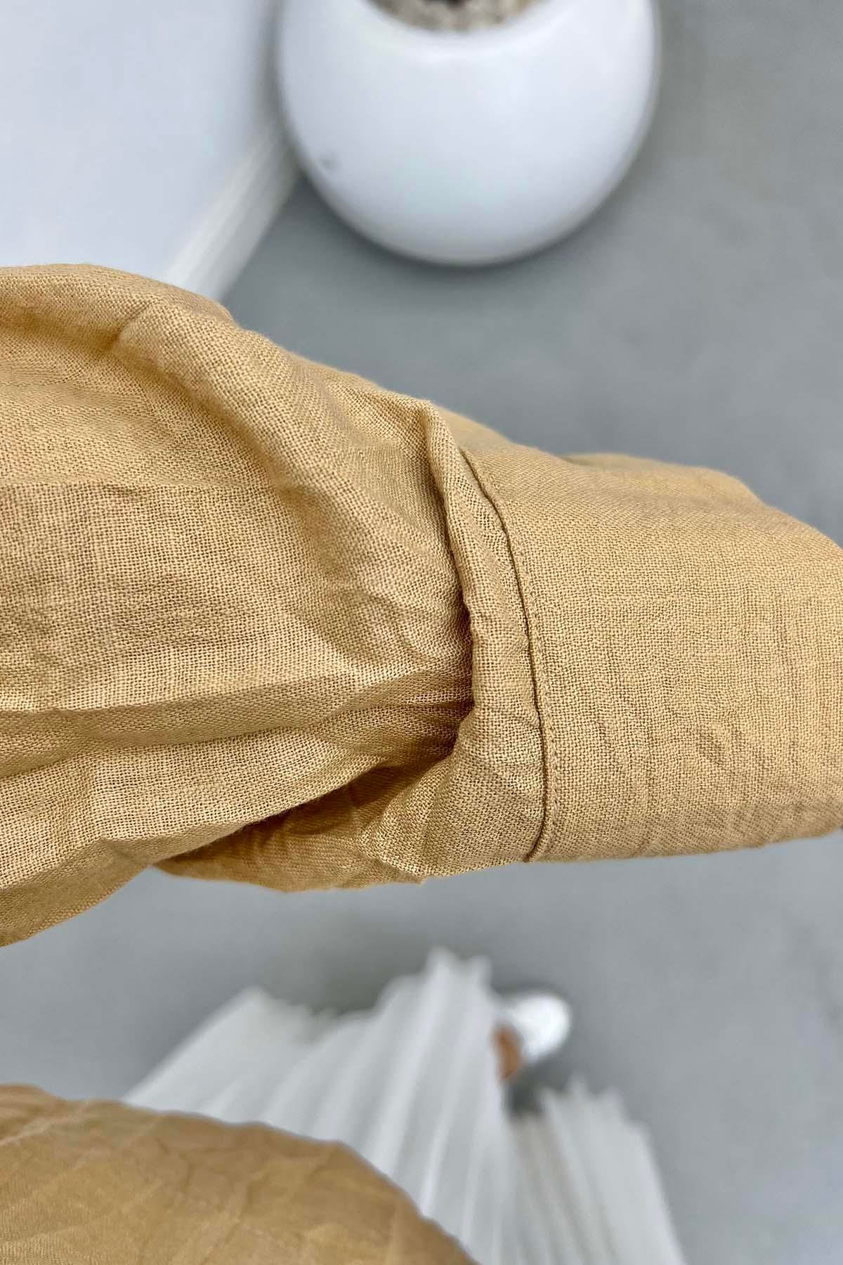 Kırışık Desen Crop Gömlek Camel
