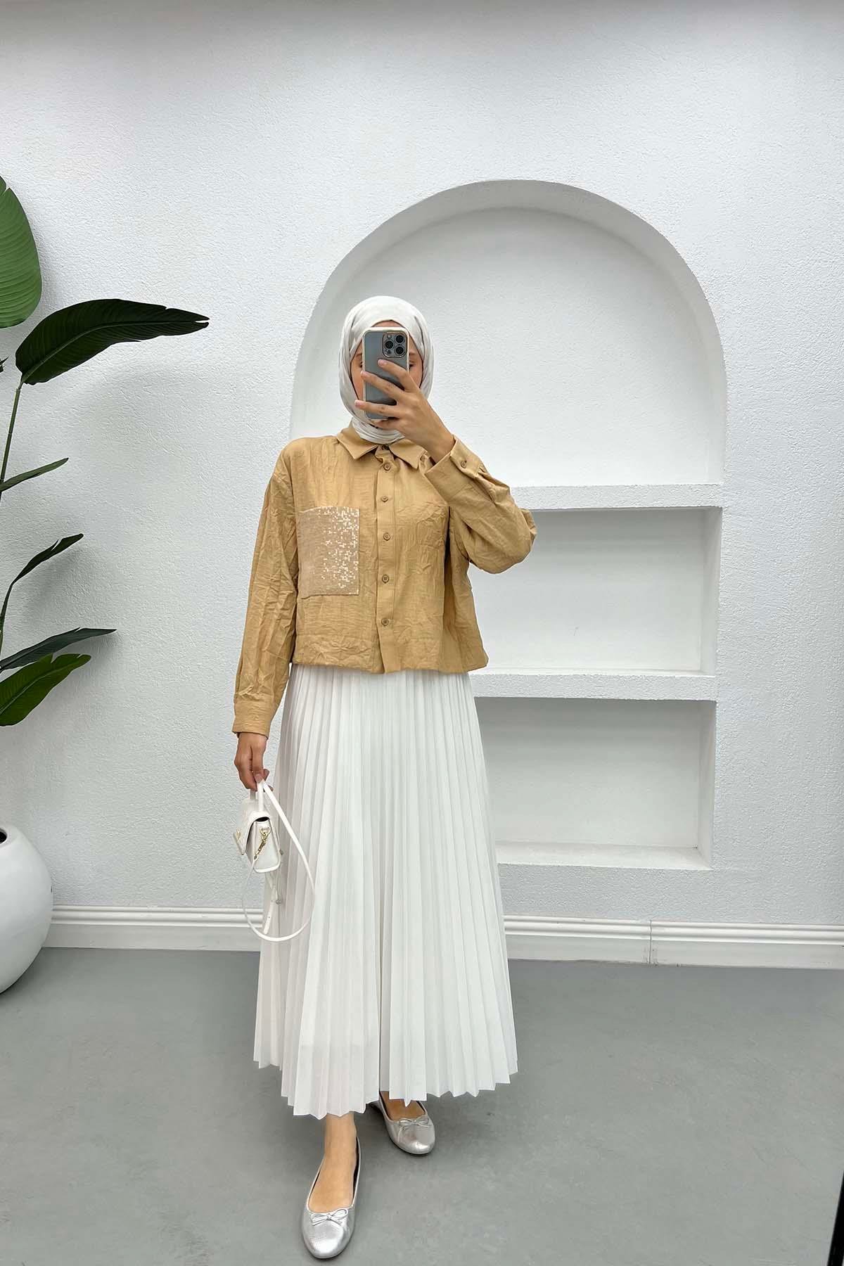 Kırışık Desen Crop Gömlek Camel