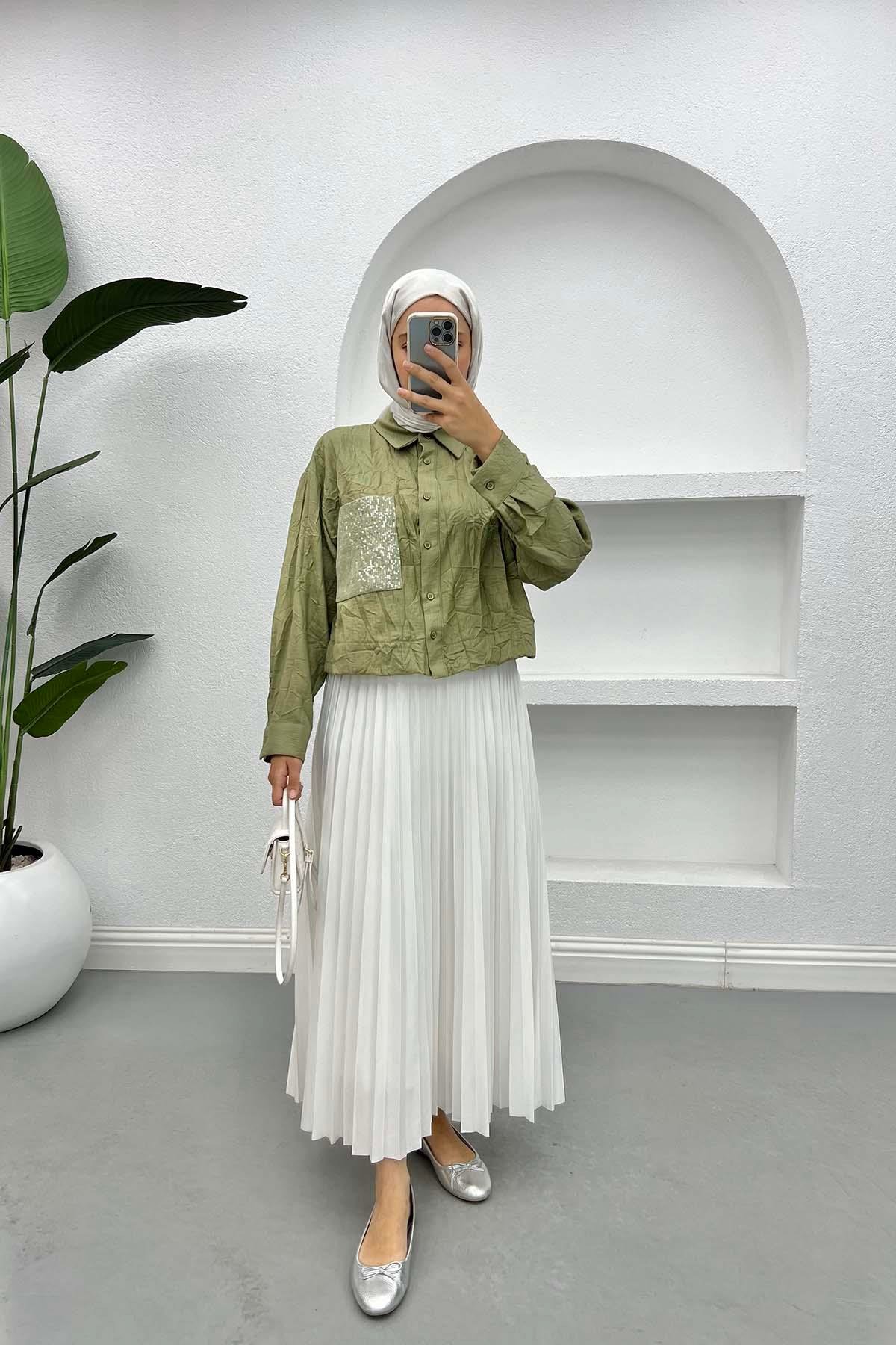 Kırışık Desen Crop Gömlek Haki