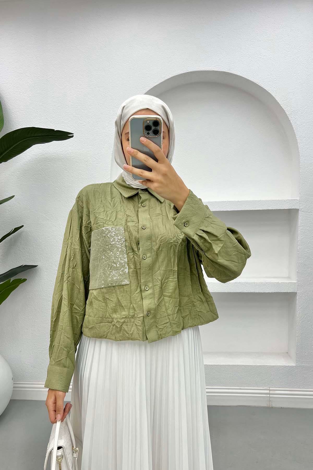 Kırışık Desen Crop Gömlek Haki