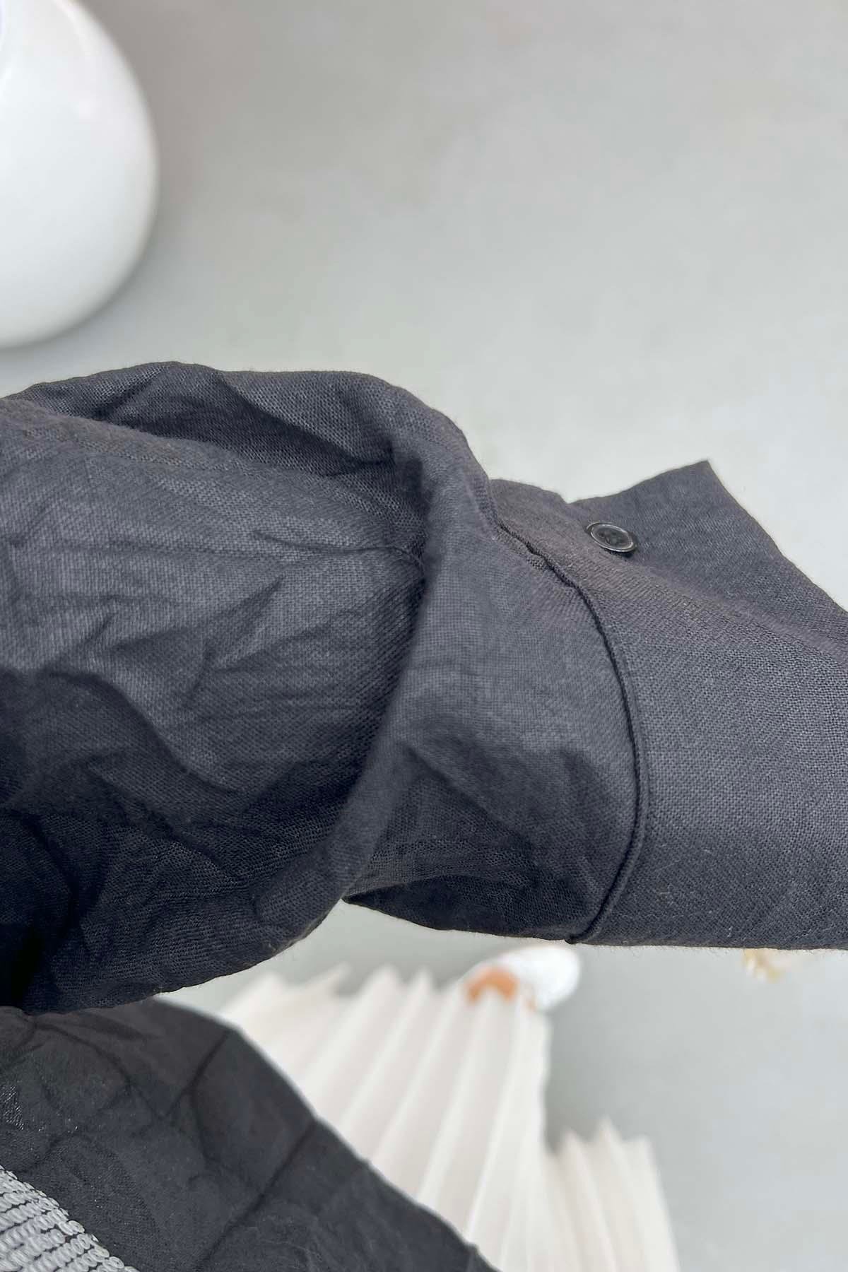 Kırışık Desen Crop Gömlek Siyah