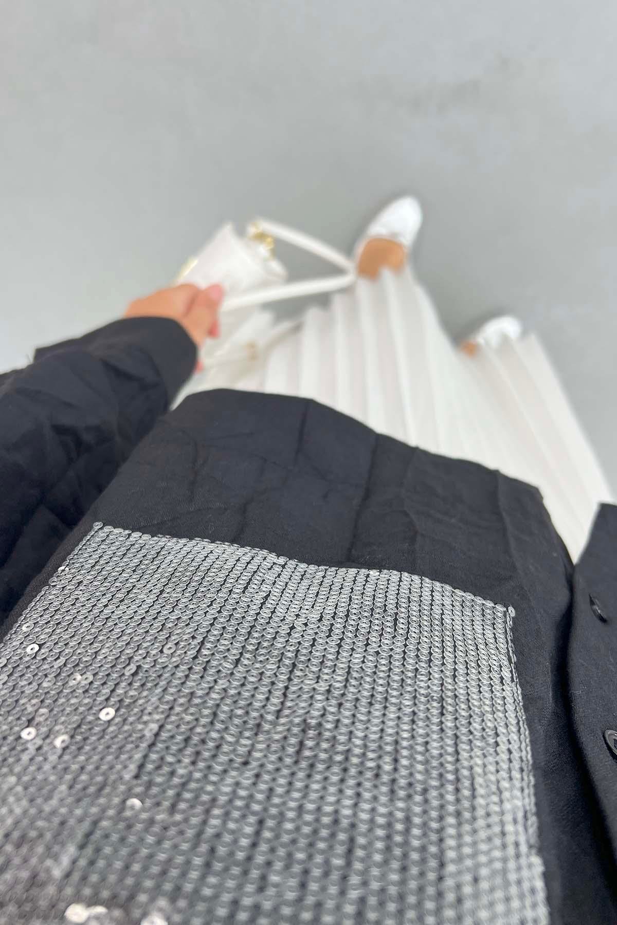 Kırışık Desen Crop Gömlek Siyah