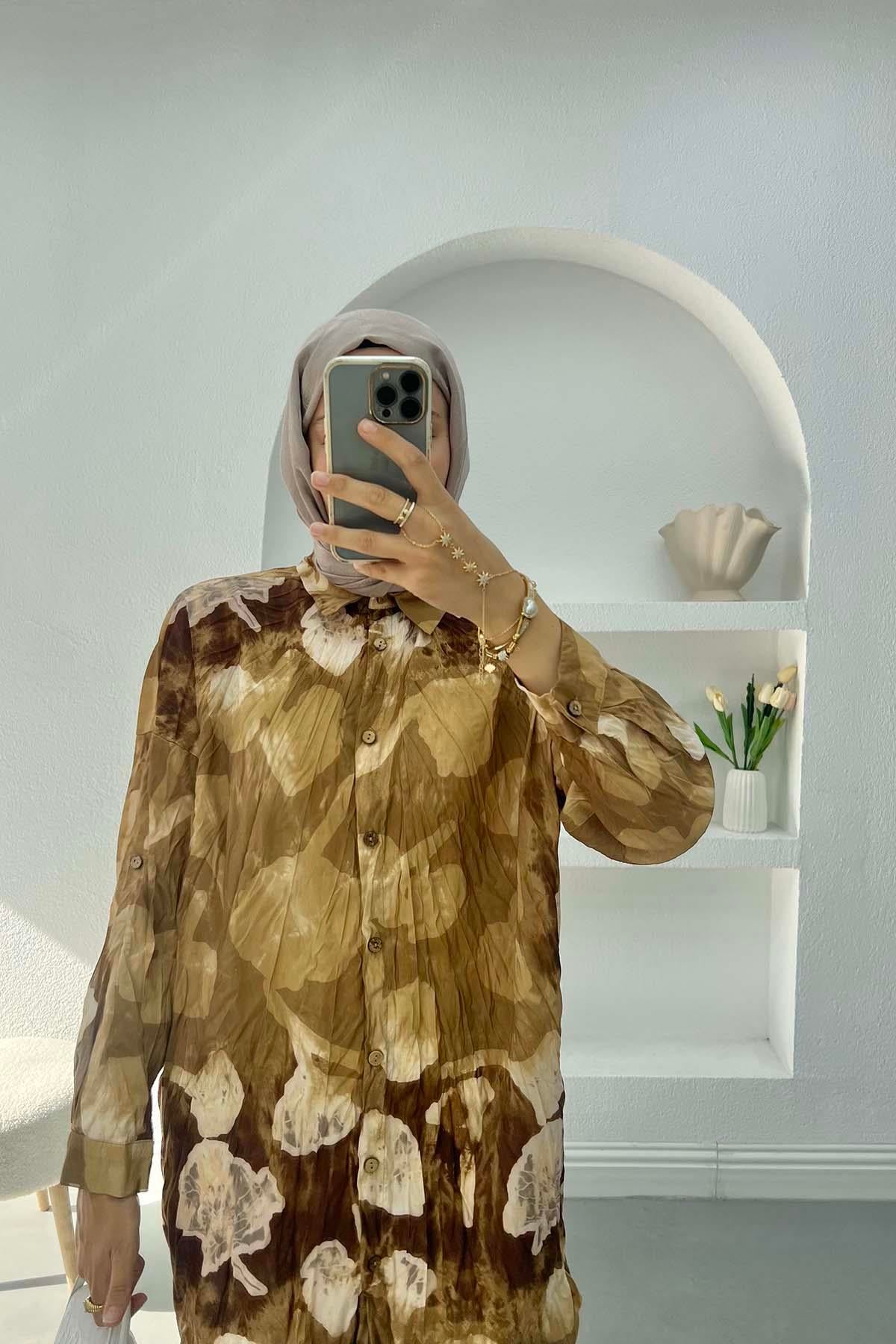 Kırışık Desenli Gömlek Camel