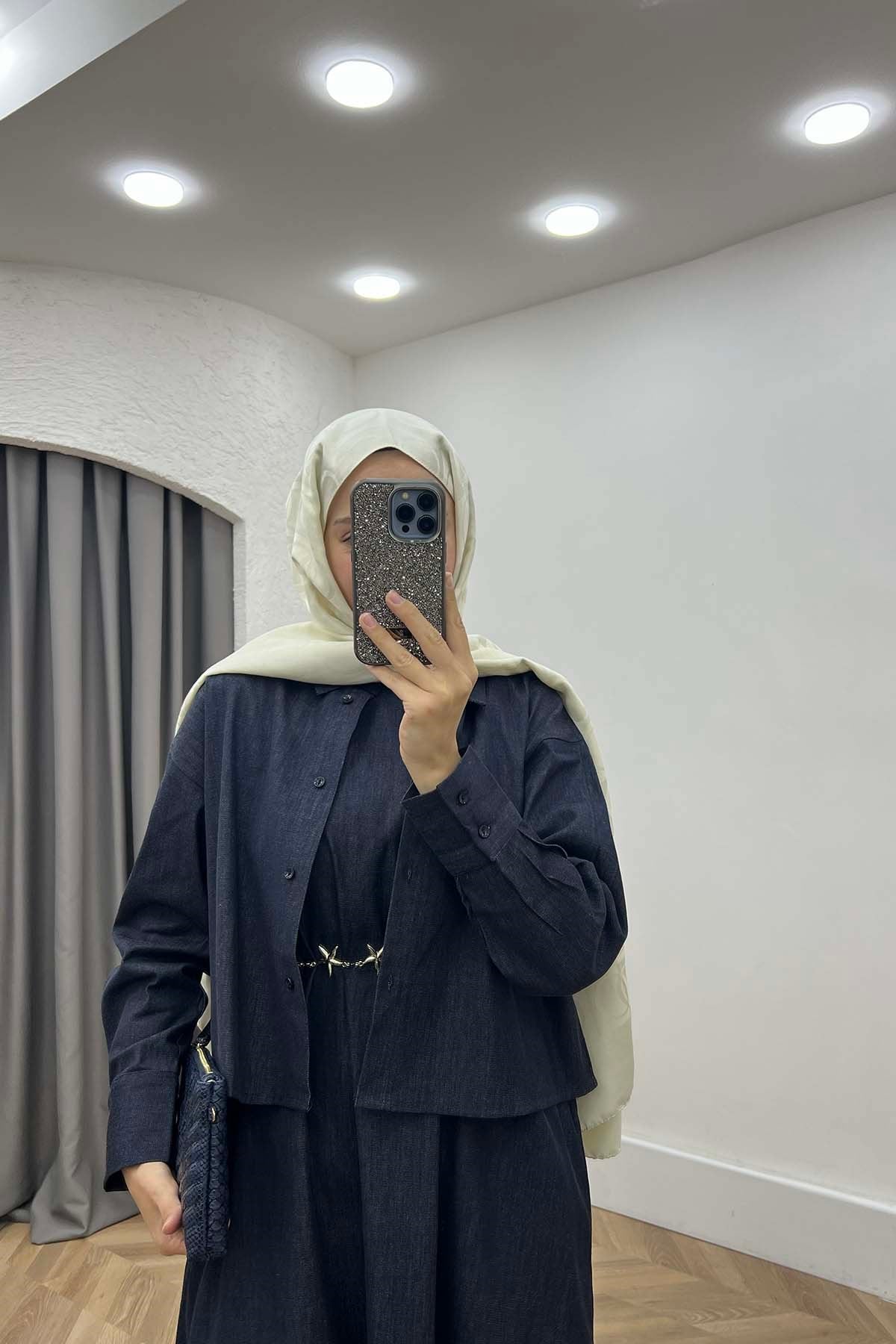 Klasik Tasarım Kemerli İki Parçalı Kot Elbise Koyu Lacivert