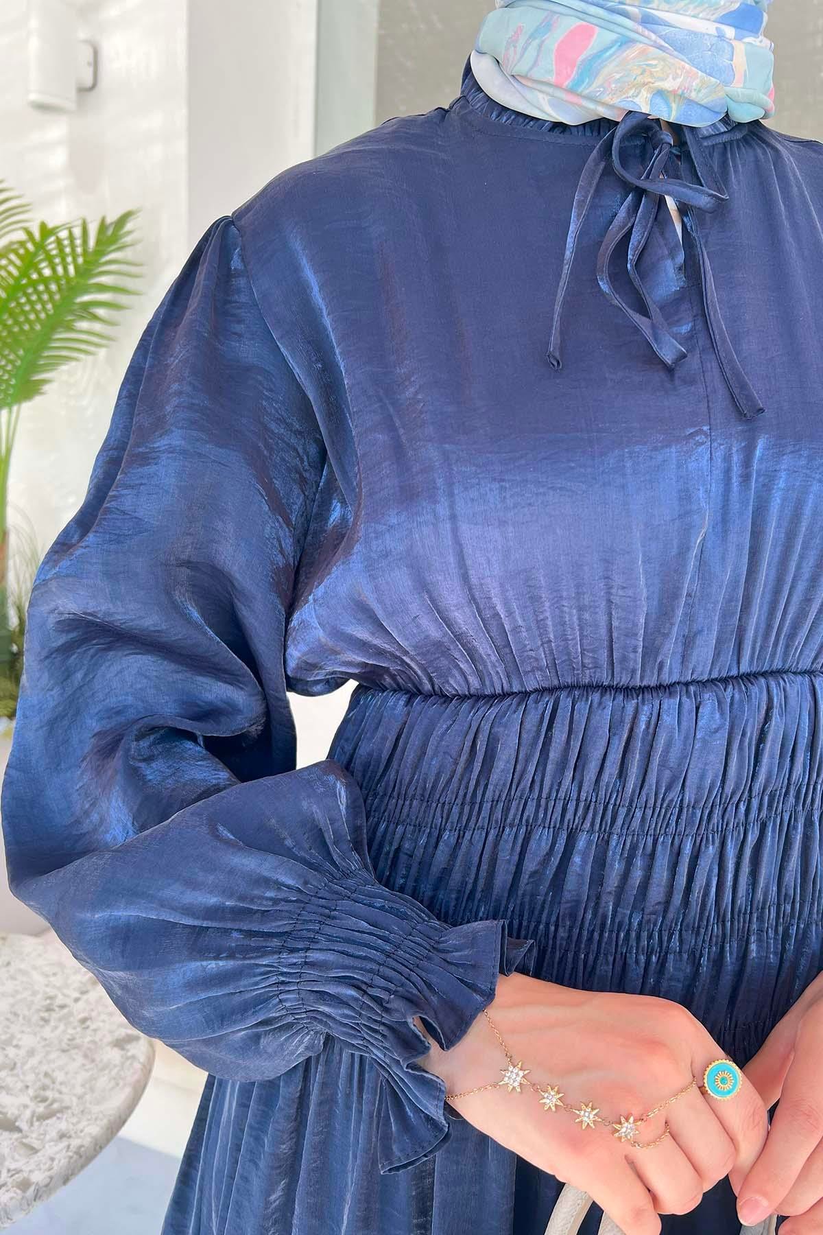 Kol Büzgülü Gipeli Elbise Lacivert