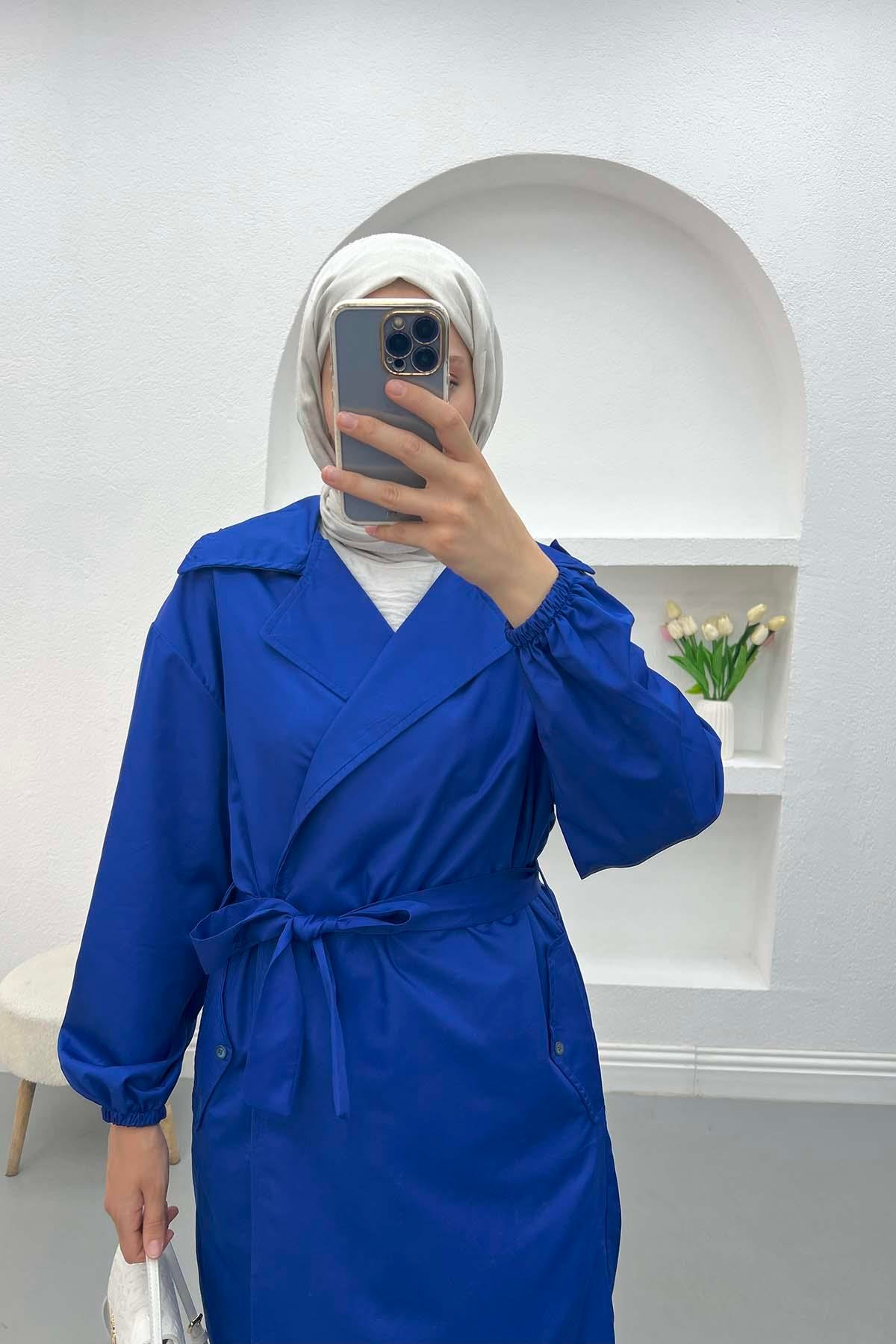 Kol Büzgülü Trençkot Saks Mavi