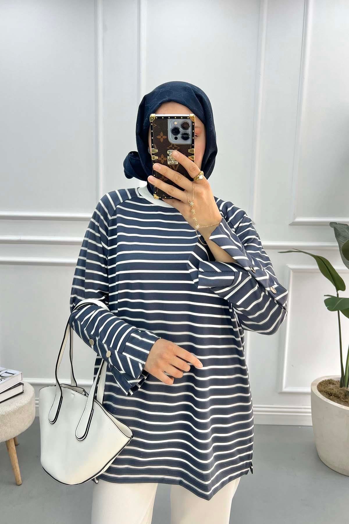 Kol Çıtçıtlı Çizgili Sweatshirt Antrasit