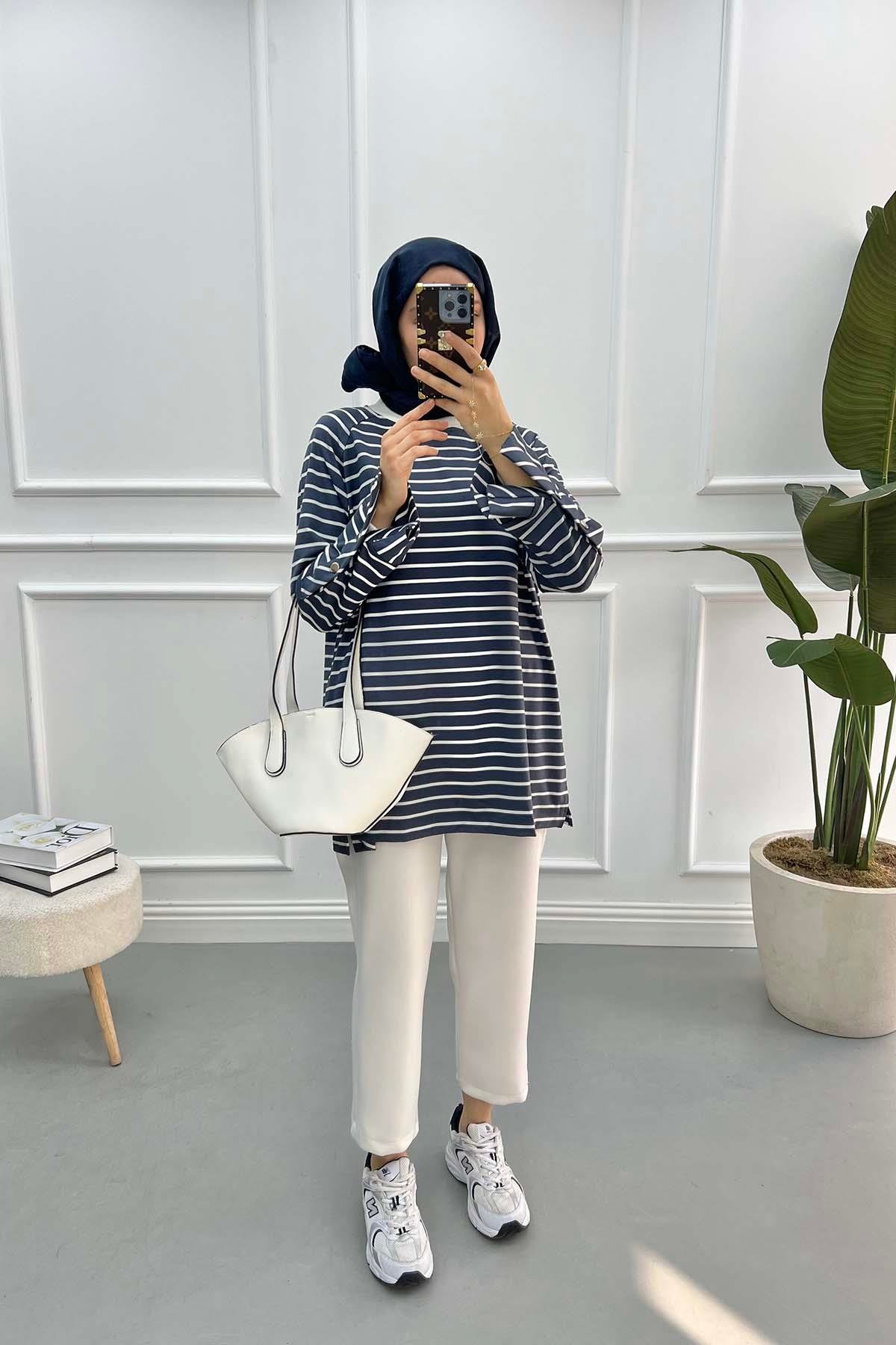 Kol Çıtçıtlı Çizgili Sweatshirt Antrasit