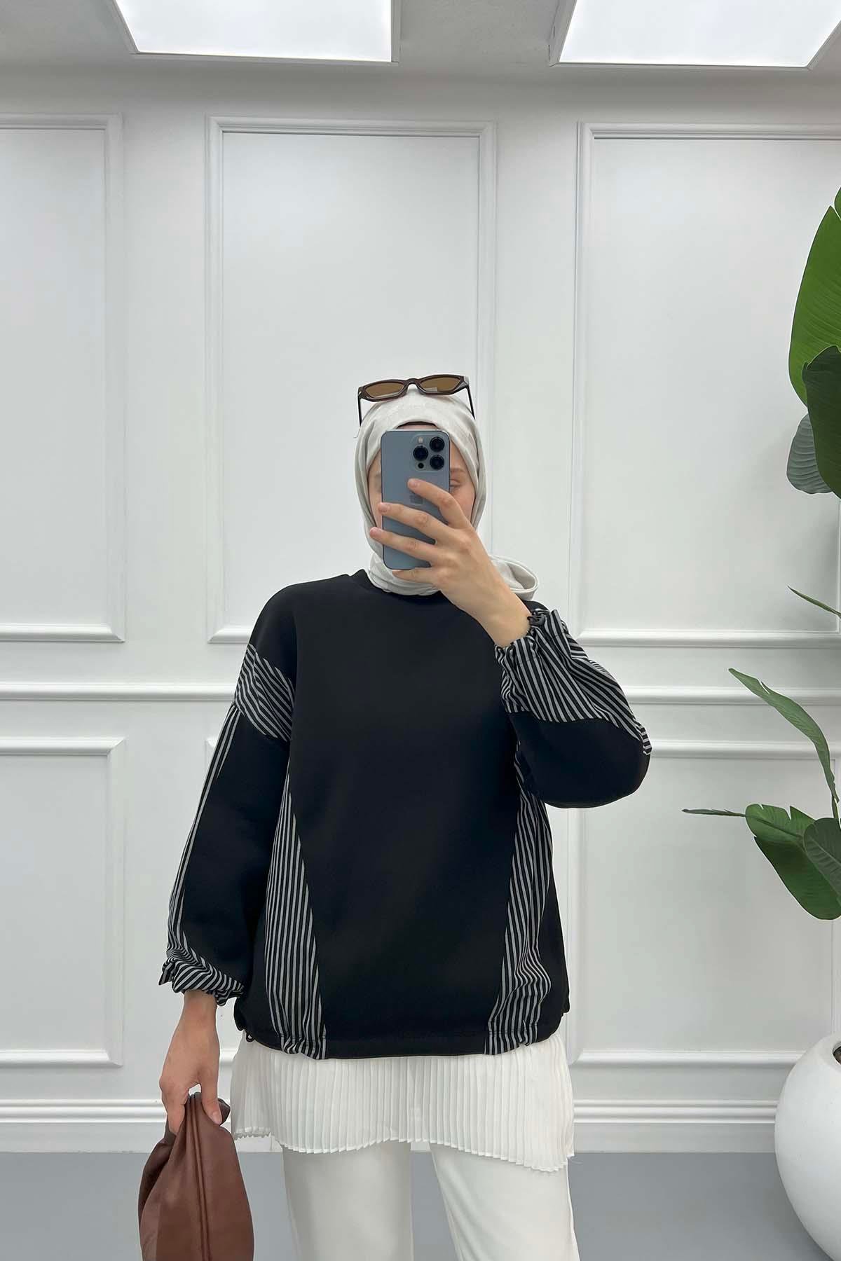 Kol Çizgili Sweatshirt Siyah