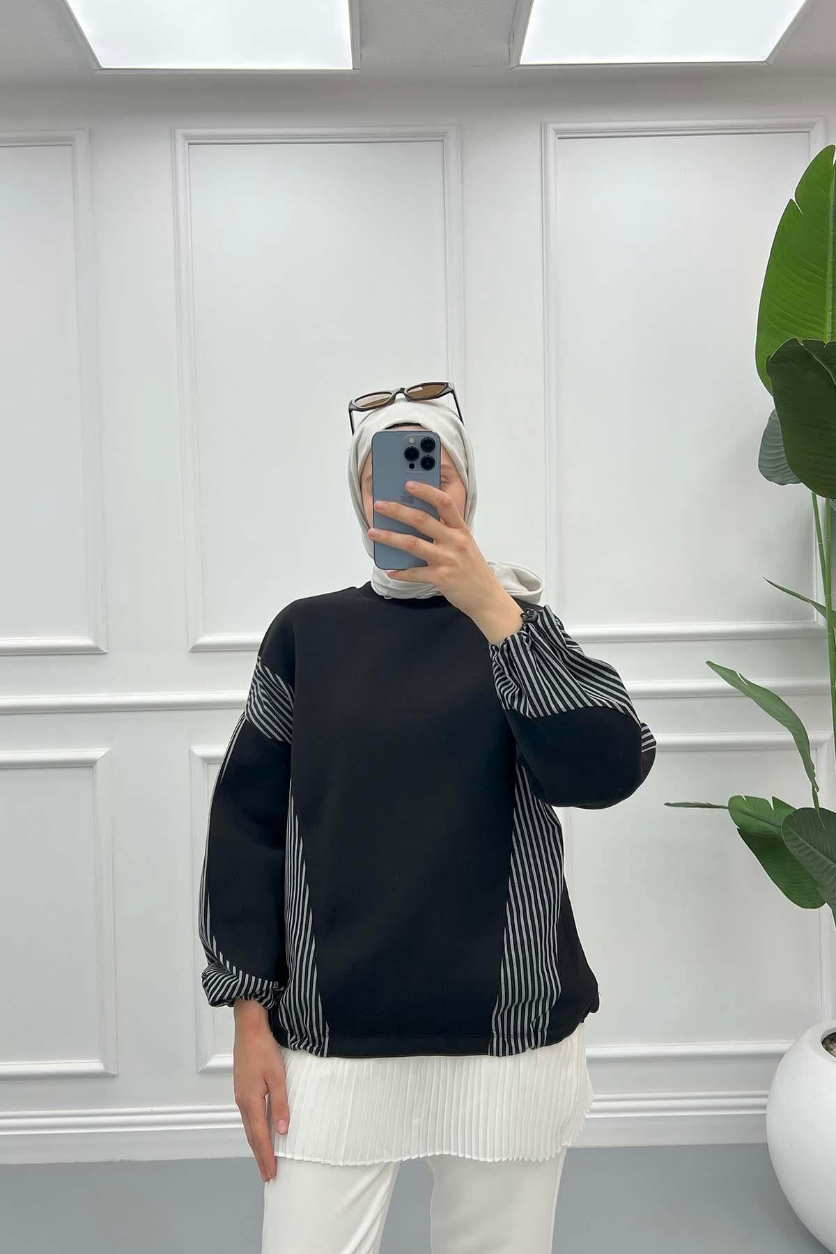 Kol Çizgili Sweatshirt Siyah