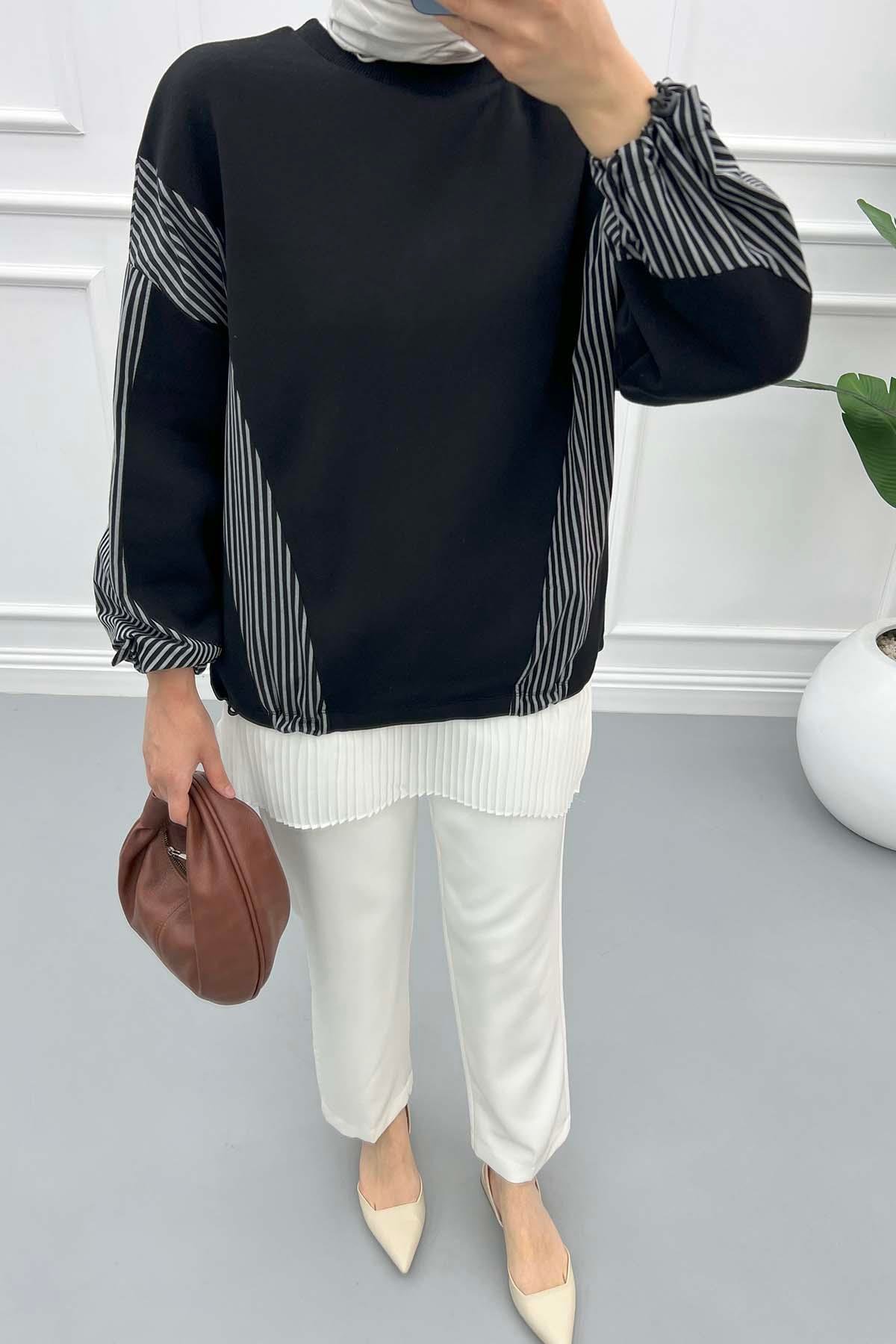 Kol Çizgili Sweatshirt Siyah