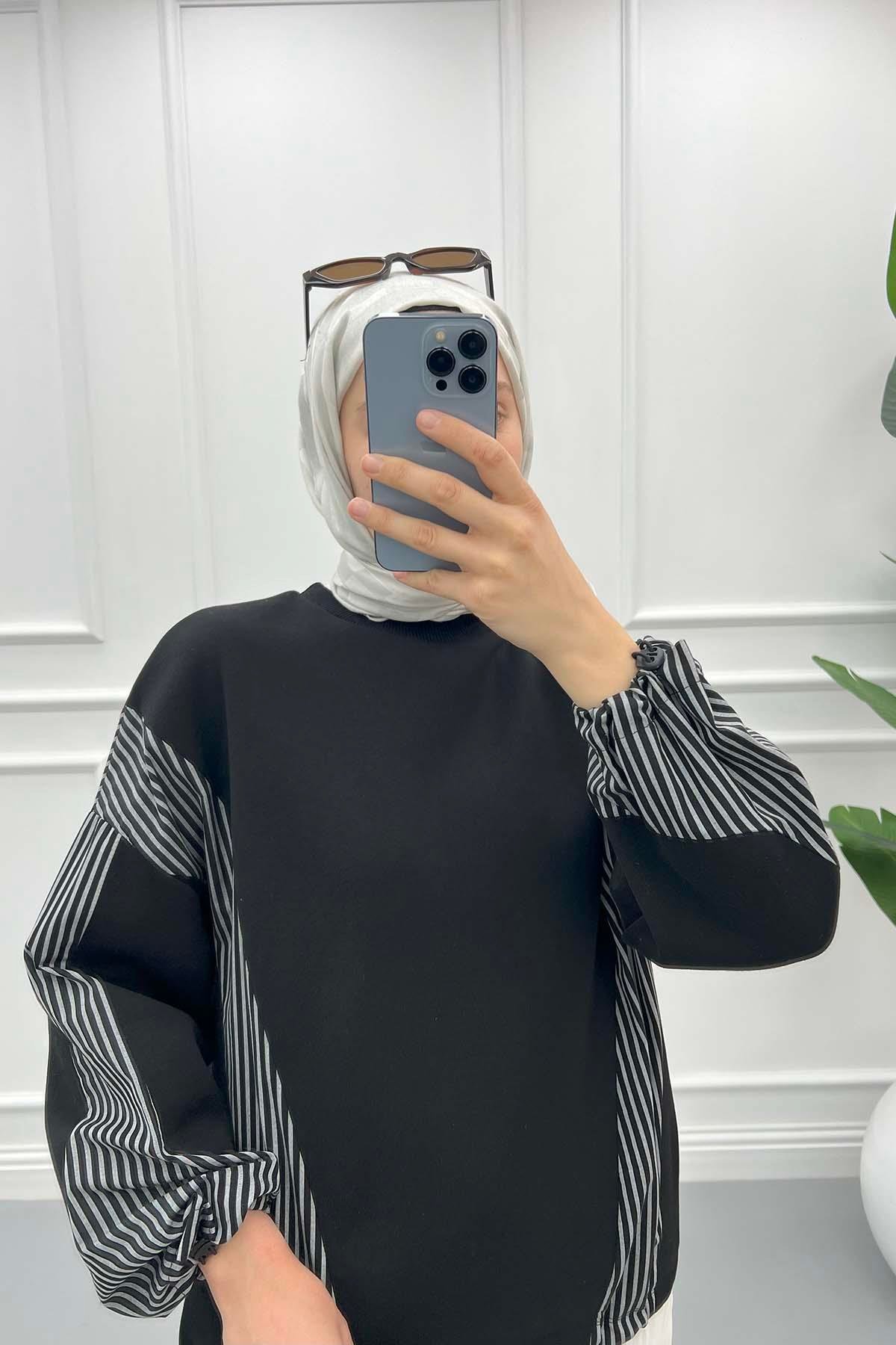 Kol Çizgili Sweatshirt Siyah