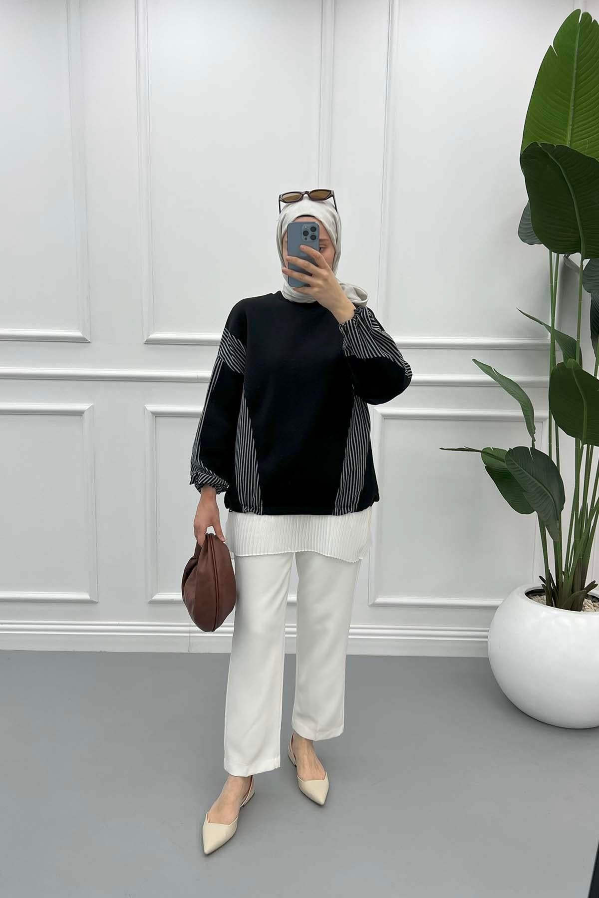 Kol Çizgili Sweatshirt Siyah
