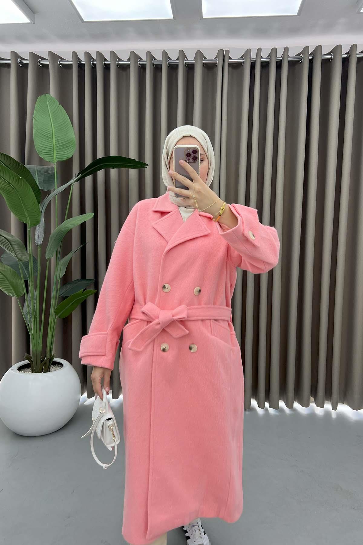 Kol Detaylı Kaşe Kaban Pembe
