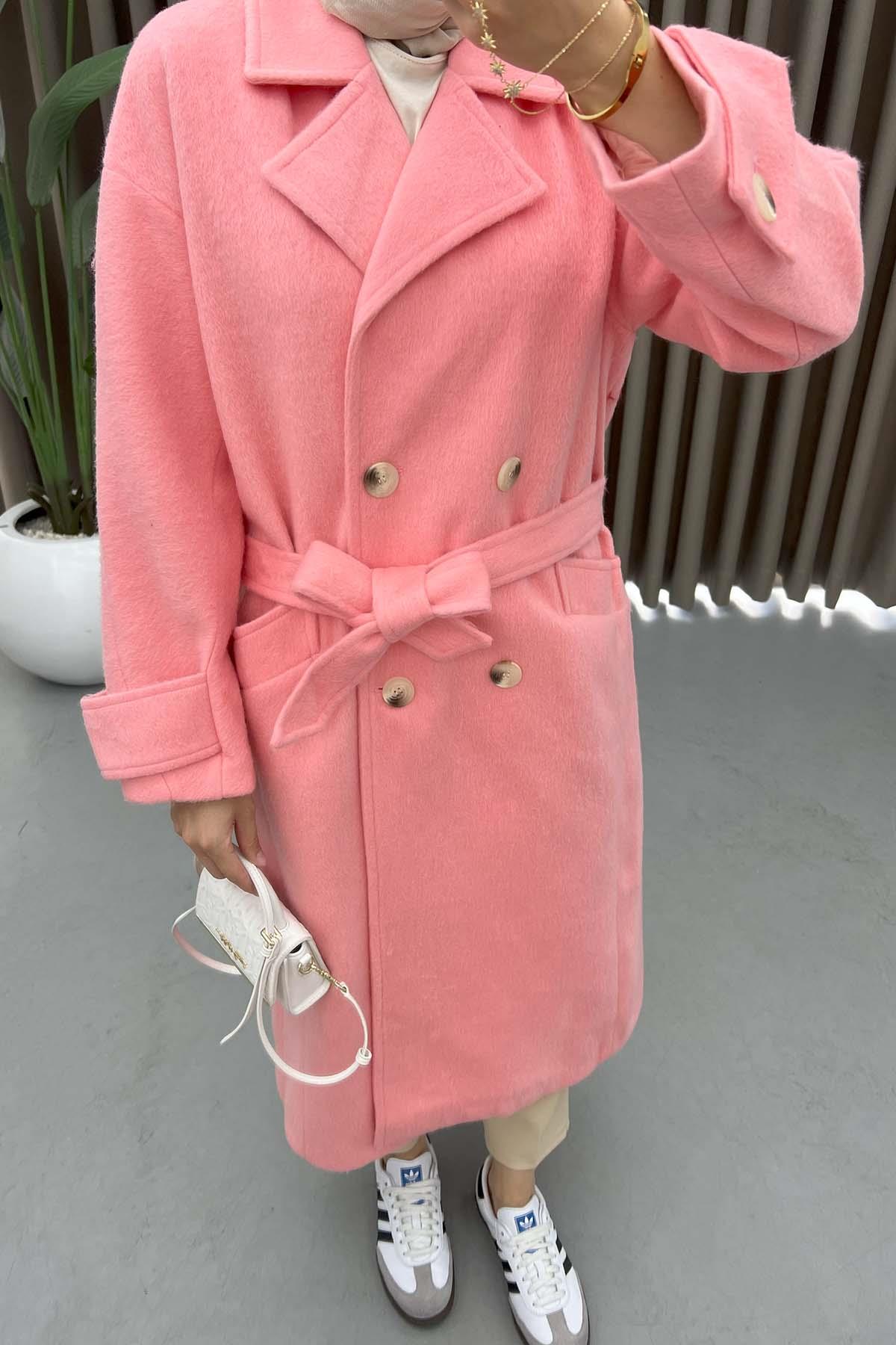 Kol Detaylı Kaşe Kaban Pembe