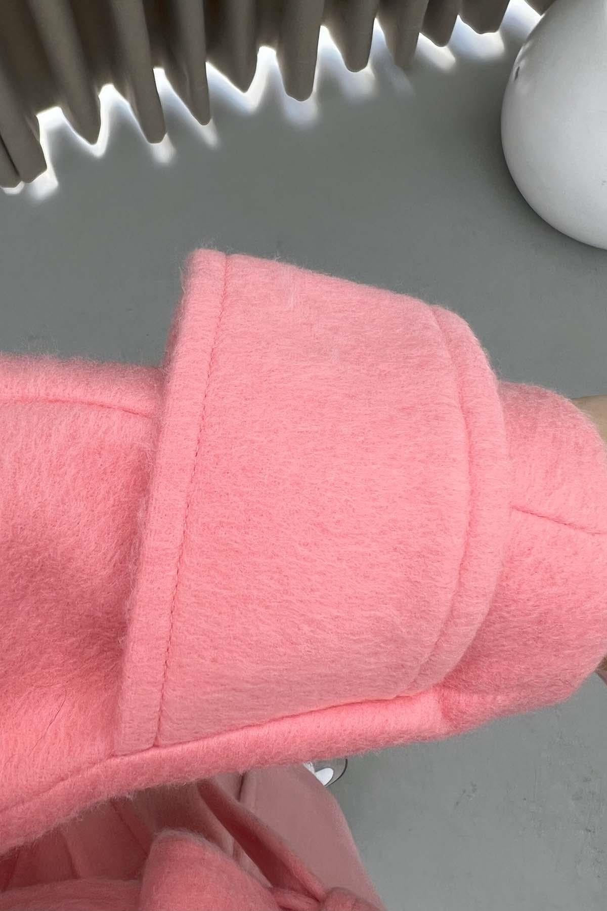 Kol Detaylı Kaşe Kaban Pembe