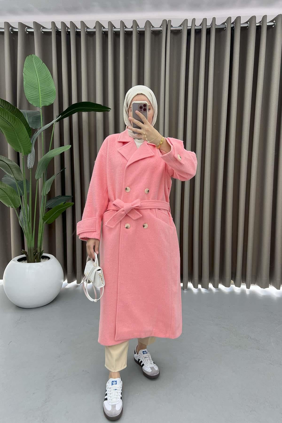 Kol Detaylı Kaşe Kaban Pembe