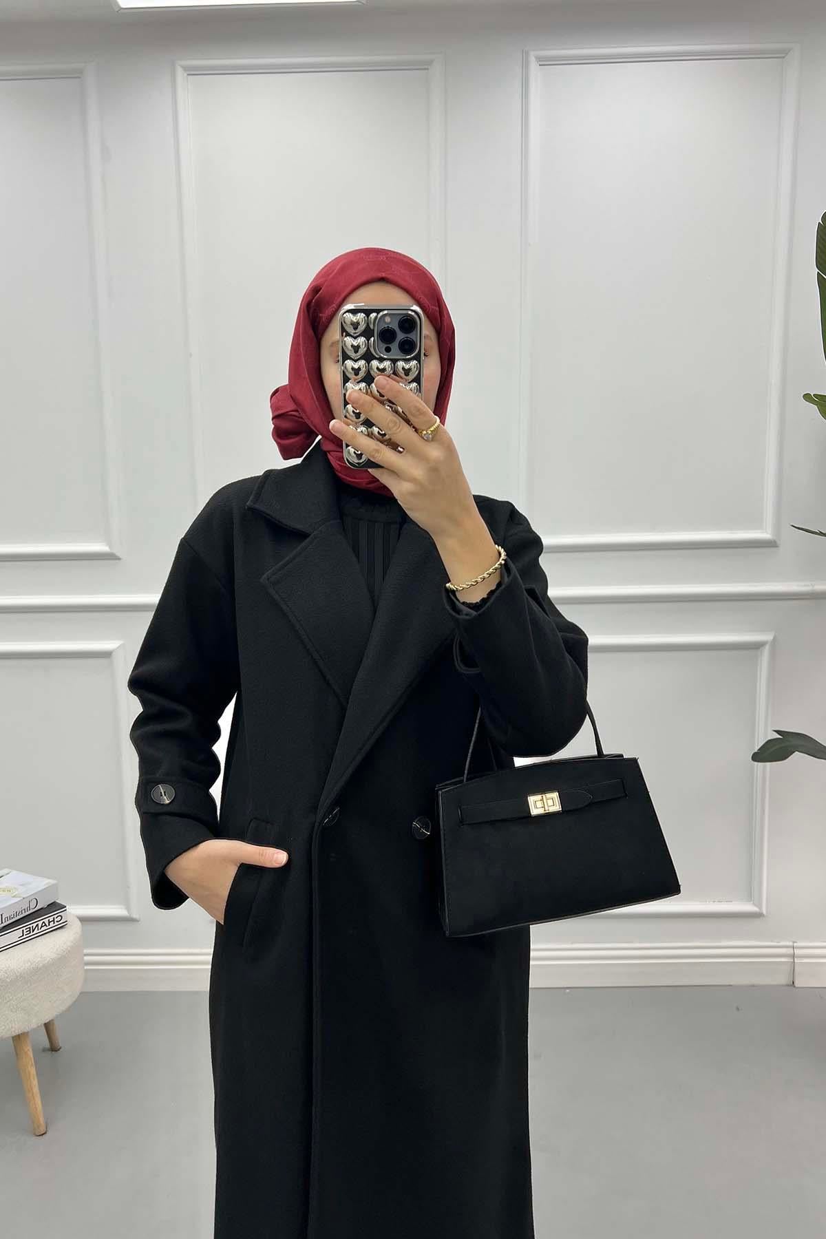 Kol Detaylı Kaşe Kaban Siyah