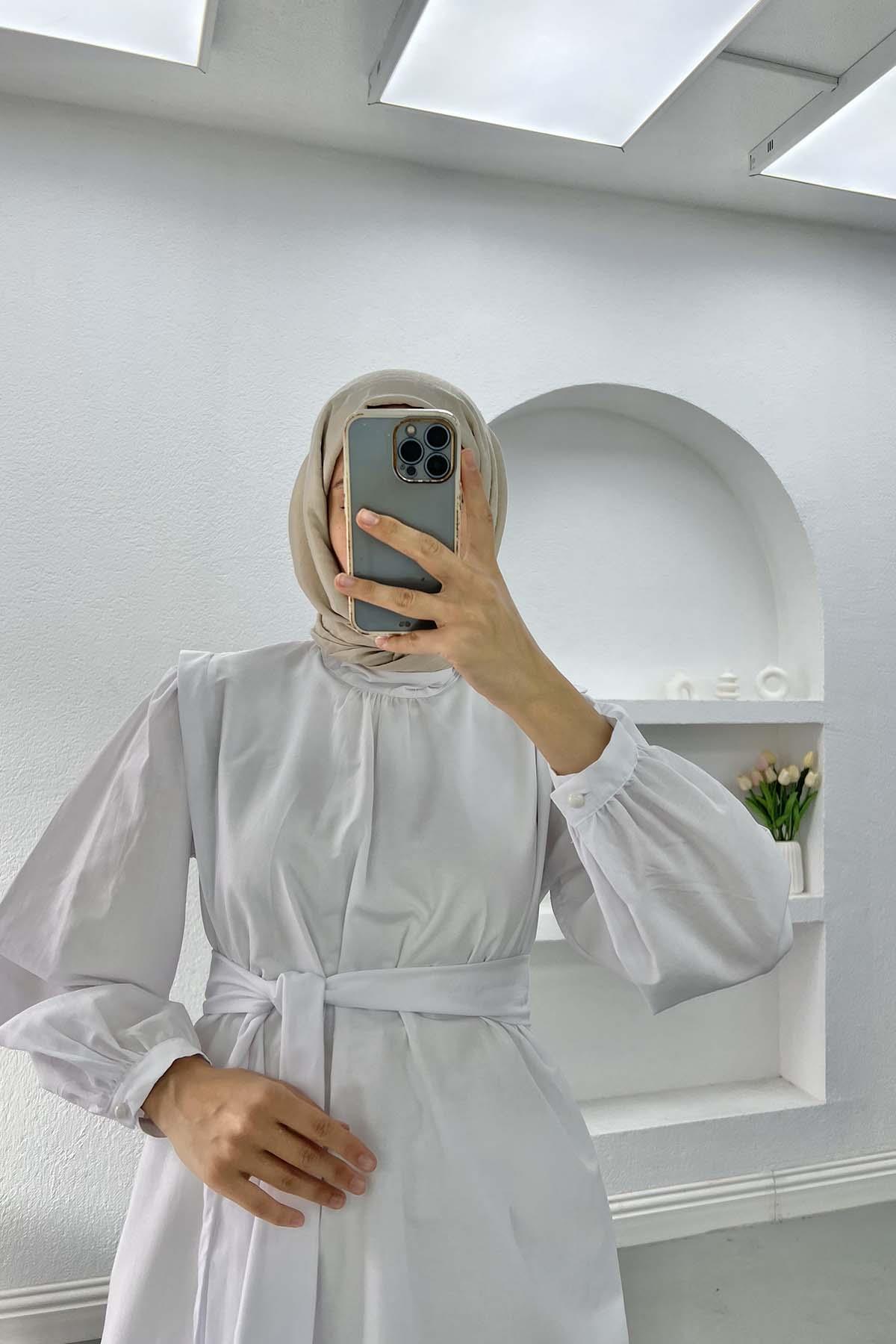 Kol Detaylı Kuşaklı Gömlek Beyaz