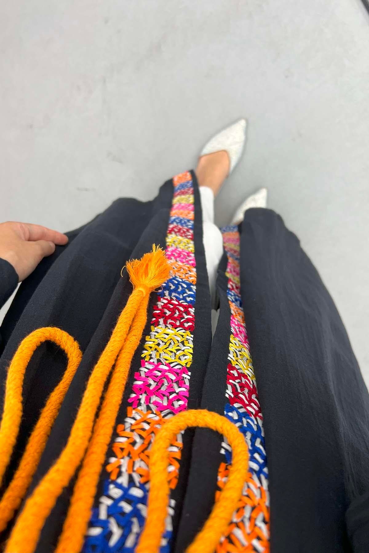 Kol Detaylı Renkli Kimono Siyah