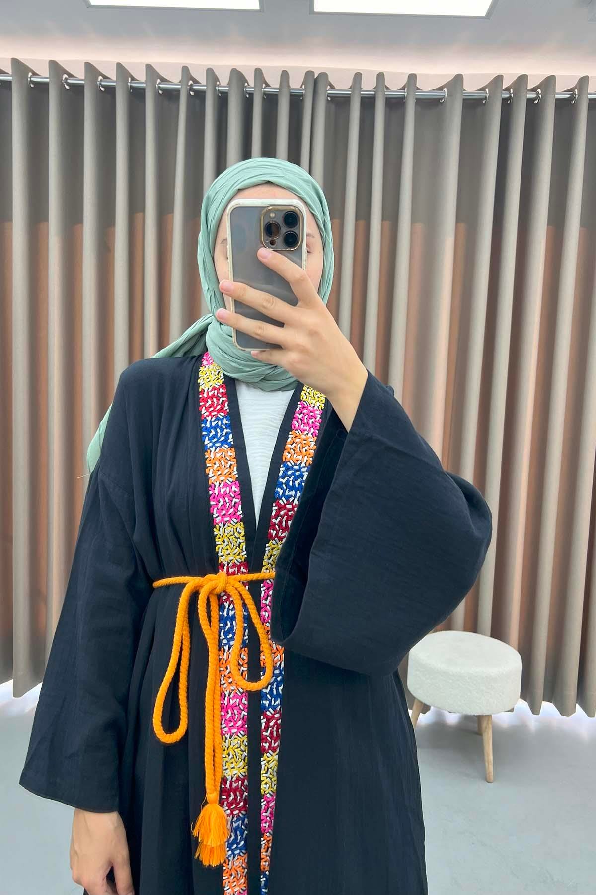 Kol Detaylı Renkli Kimono Siyah