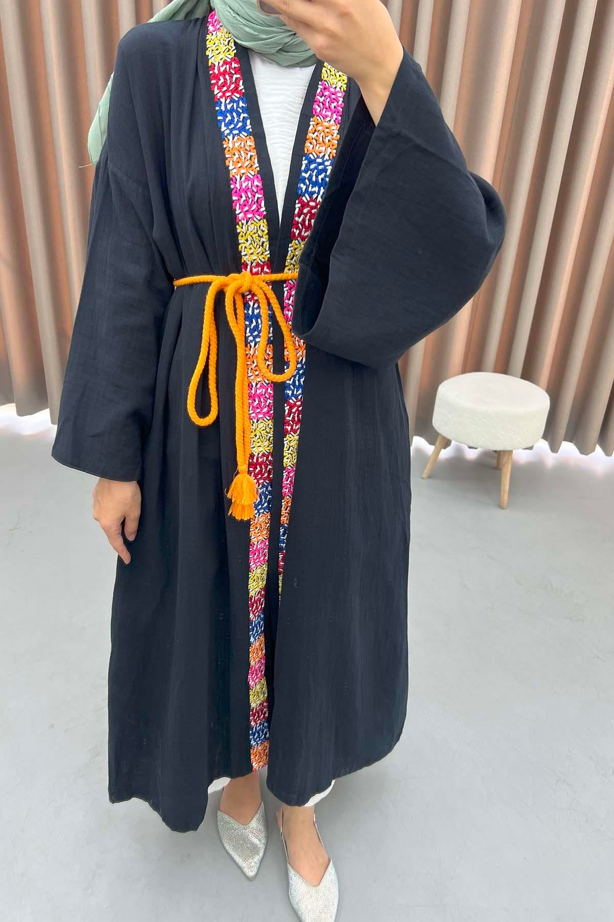 Kol Detaylı Renkli Kimono Siyah