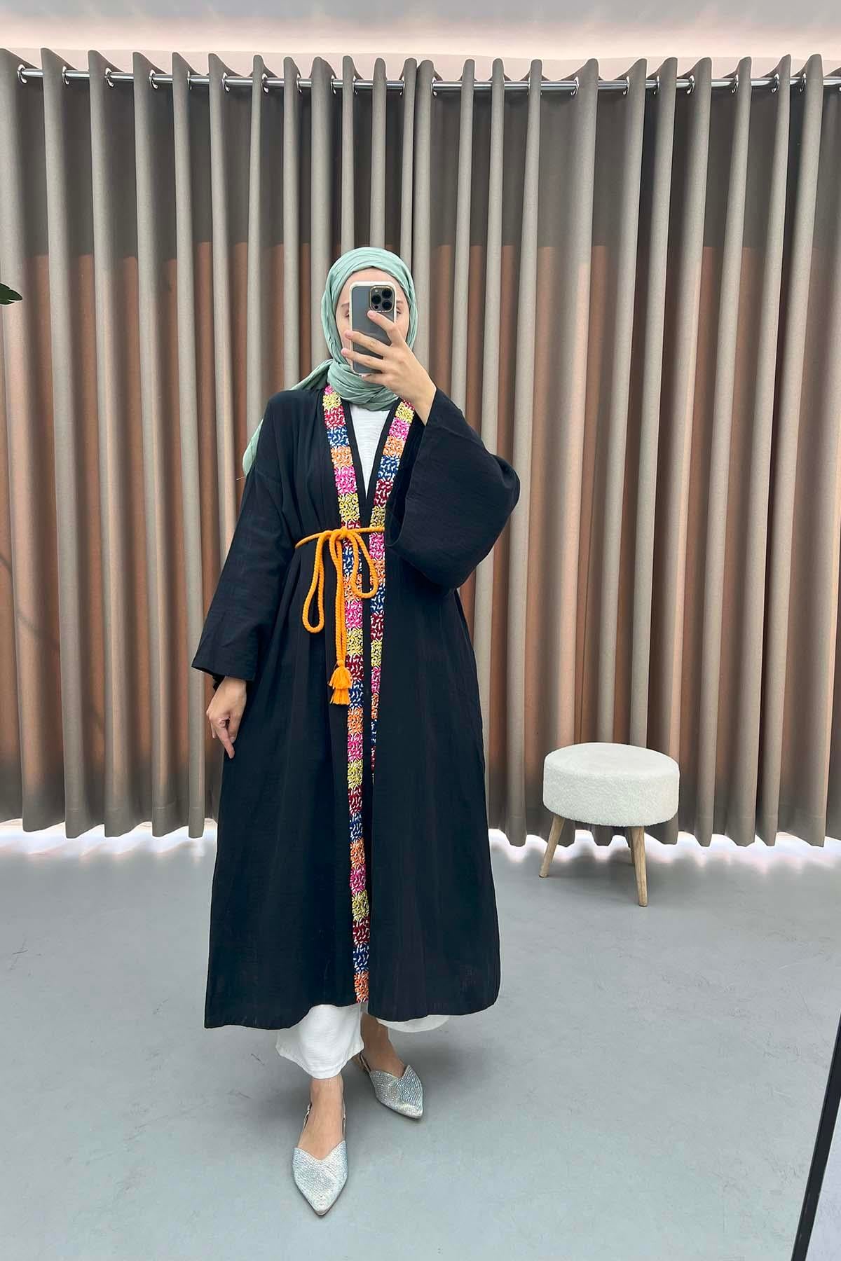 Kol Detaylı Renkli Kimono Siyah