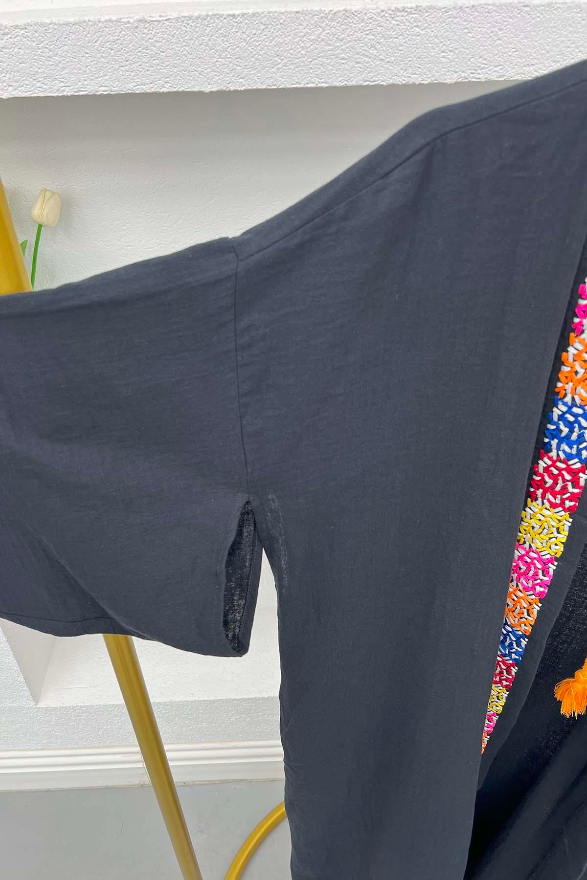 Kol Detaylı Renkli Kimono Siyah