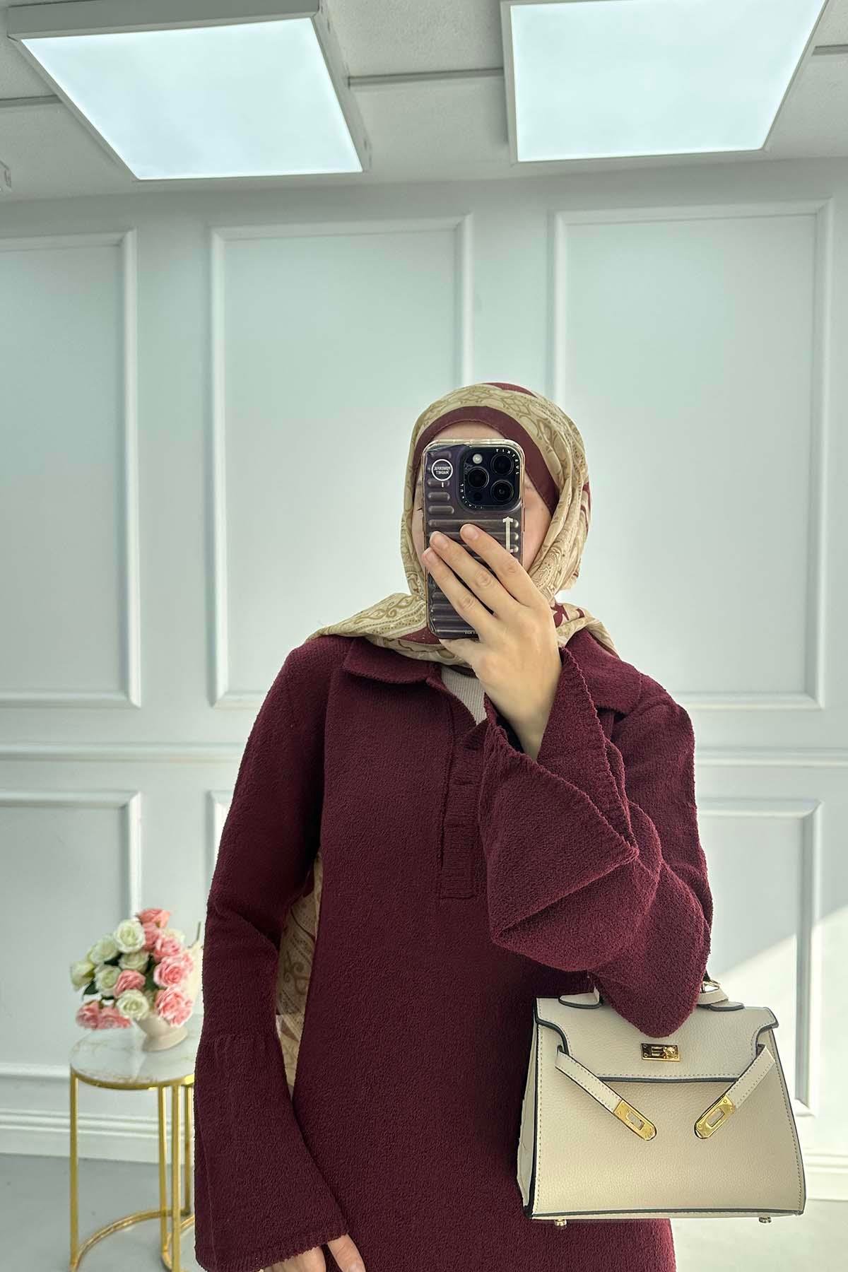 Kol Detaylı Triko Elbise Bordo
