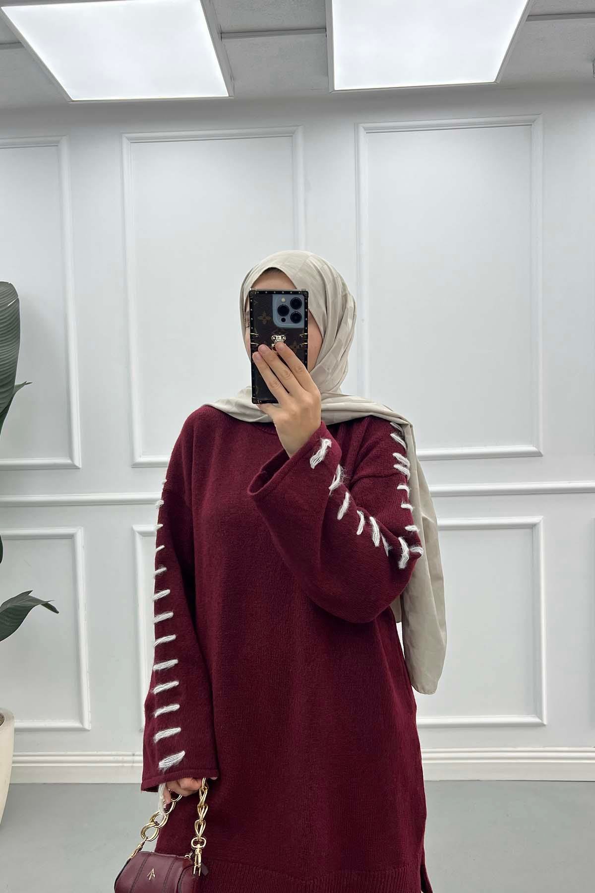 Kol Detaylı Triko Kazak Bordo