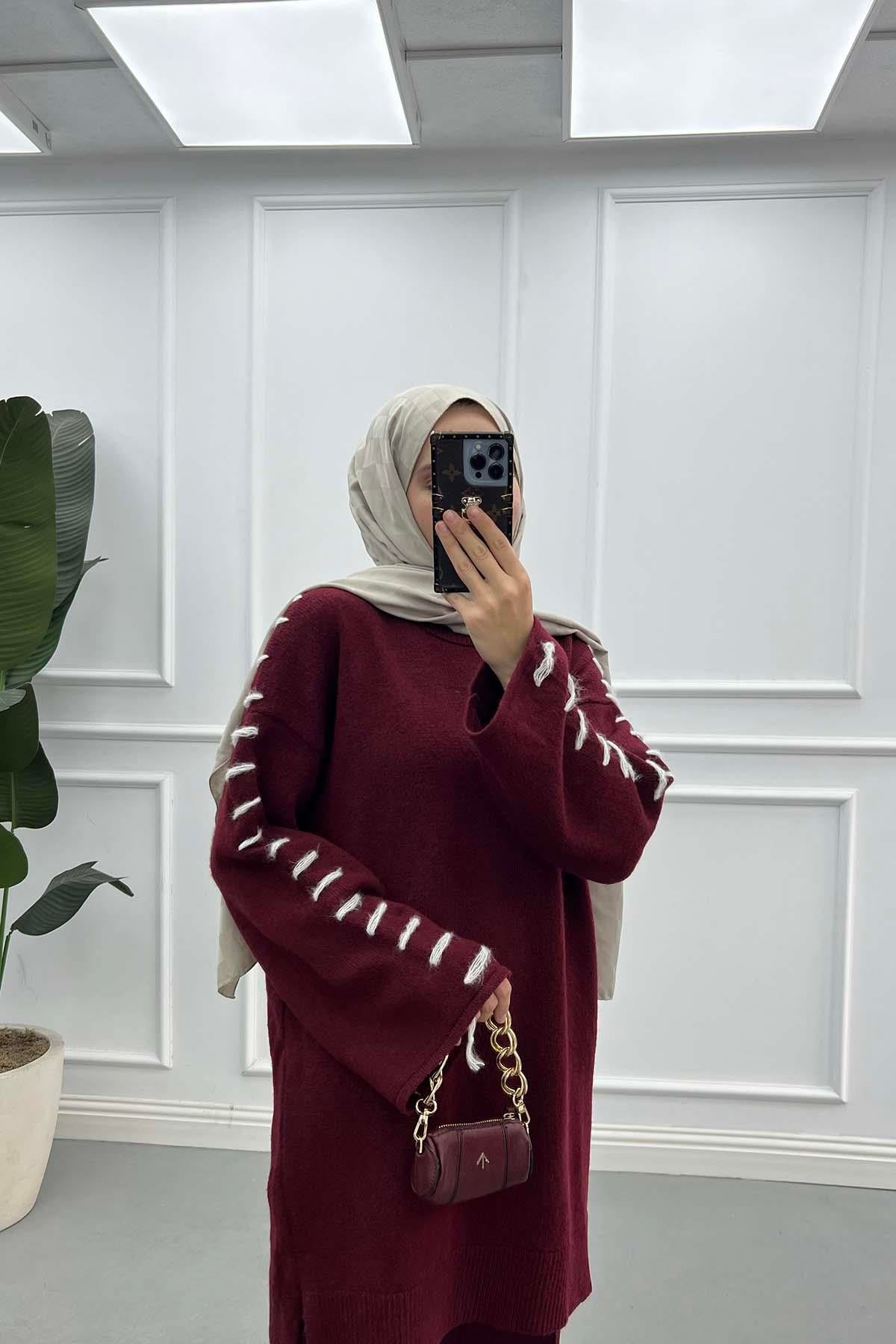 Kol Detaylı Triko Kazak Bordo