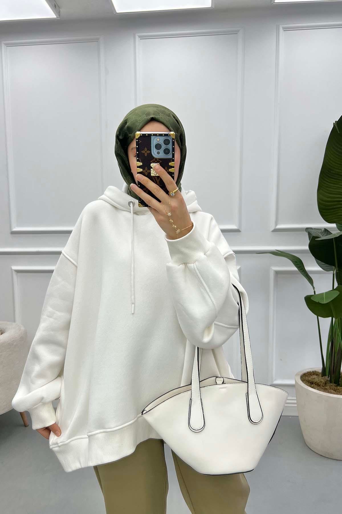 Kol Detaylı Üç İplik Sweatshirt Beyaz