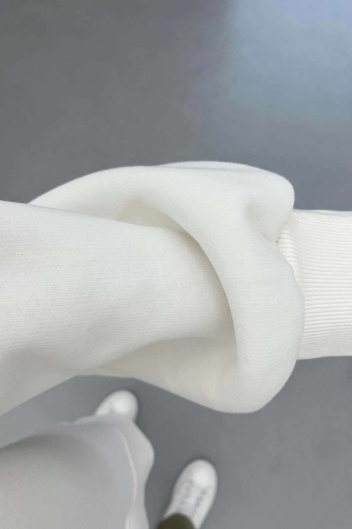 Kol Detaylı Üç İplik Sweatshirt Beyaz