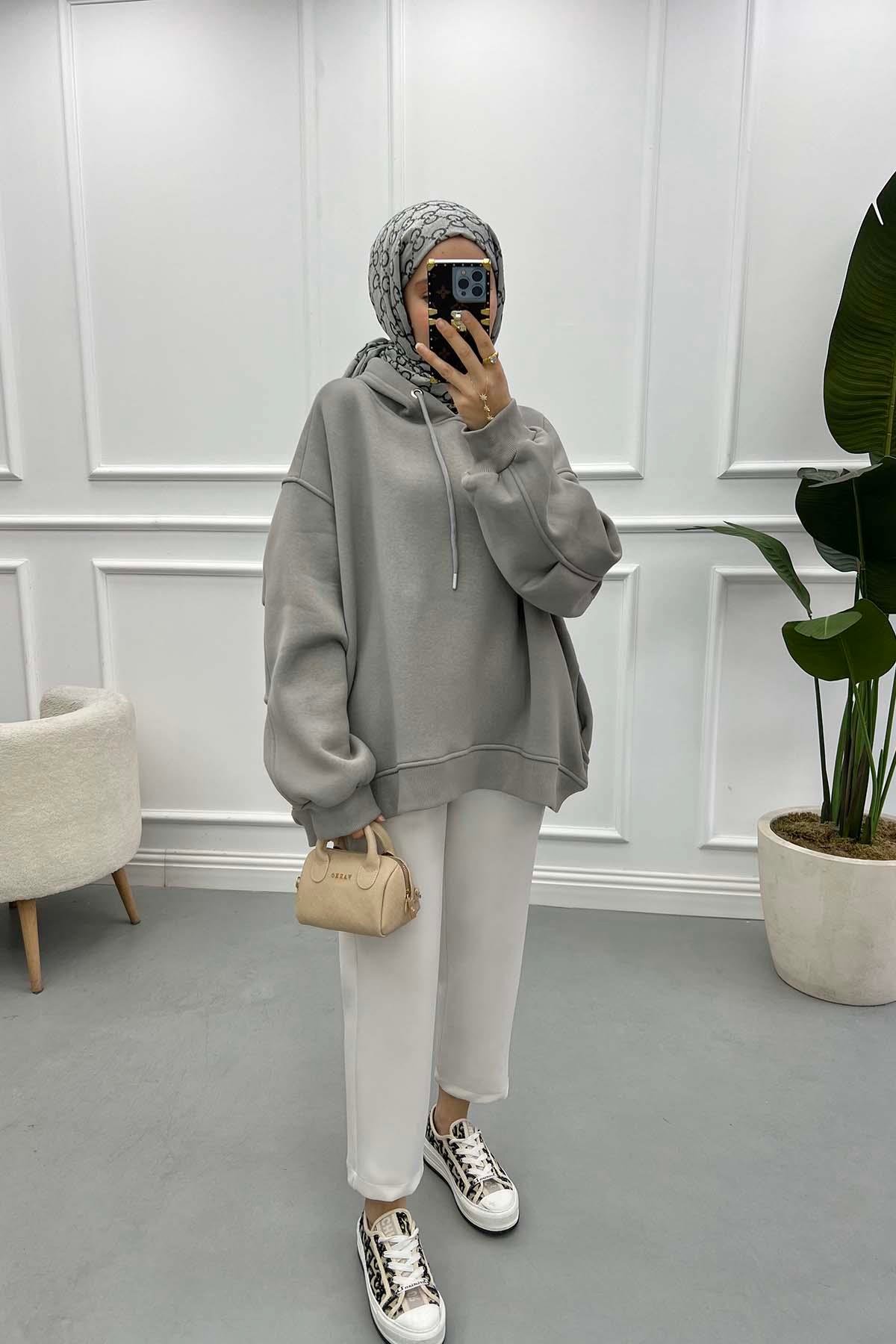 Kol Detaylı Üç İplik Sweatshirt Gri