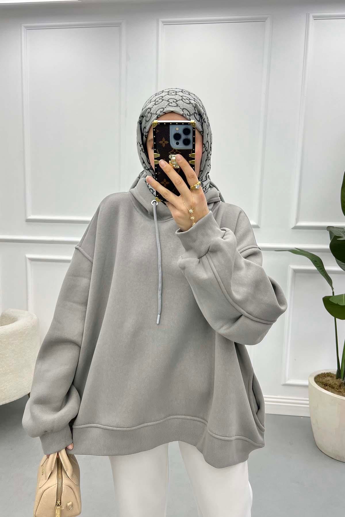 Kol Detaylı Üç İplik Sweatshirt Gri